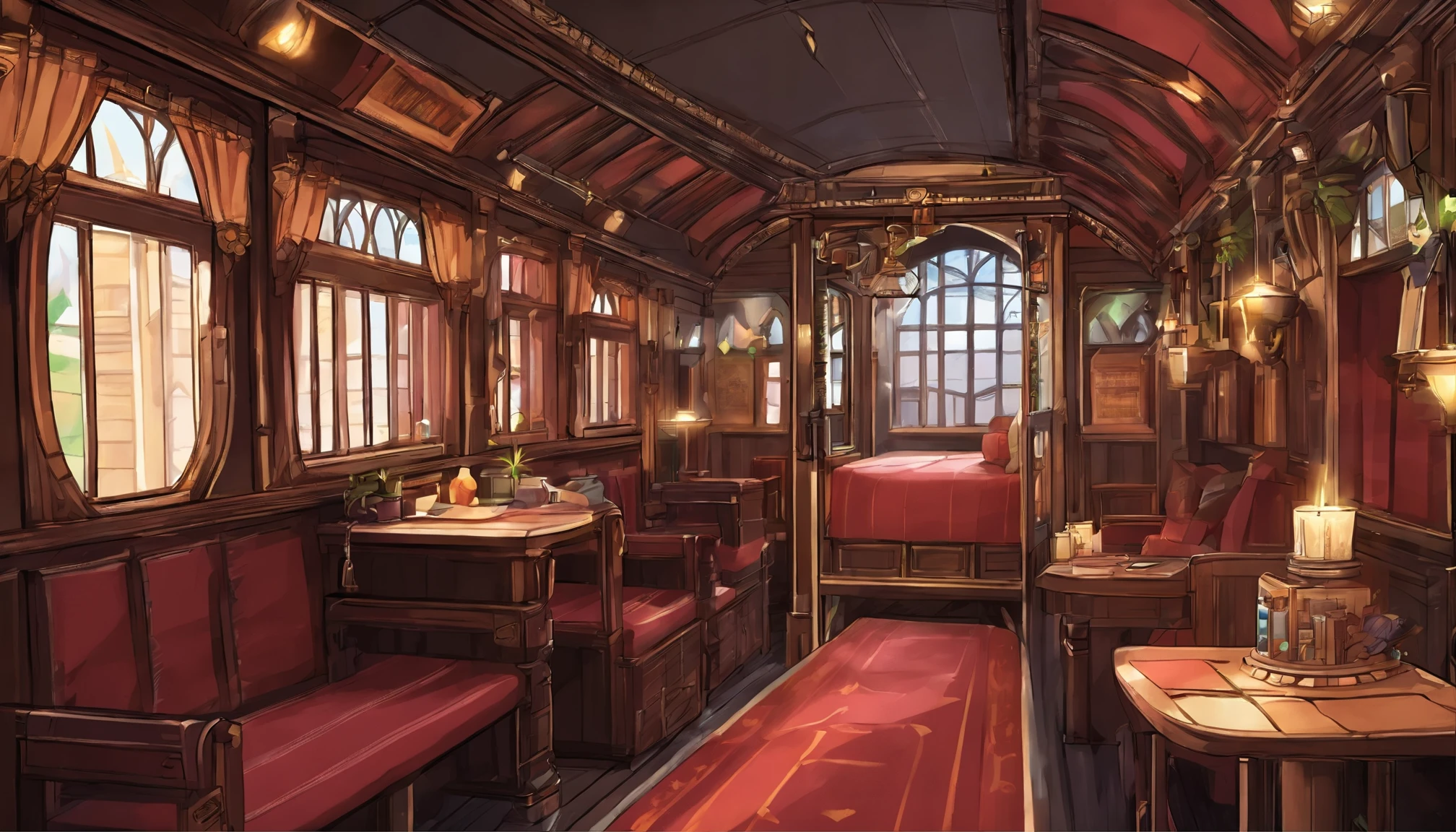 inside hogwarts train cart、Hogwarts students cabin，A little dark，Inside a magical train with magical objects, kitty，Low amount of light，((Pixal style))、Makoto (magical World of Harry Potter)