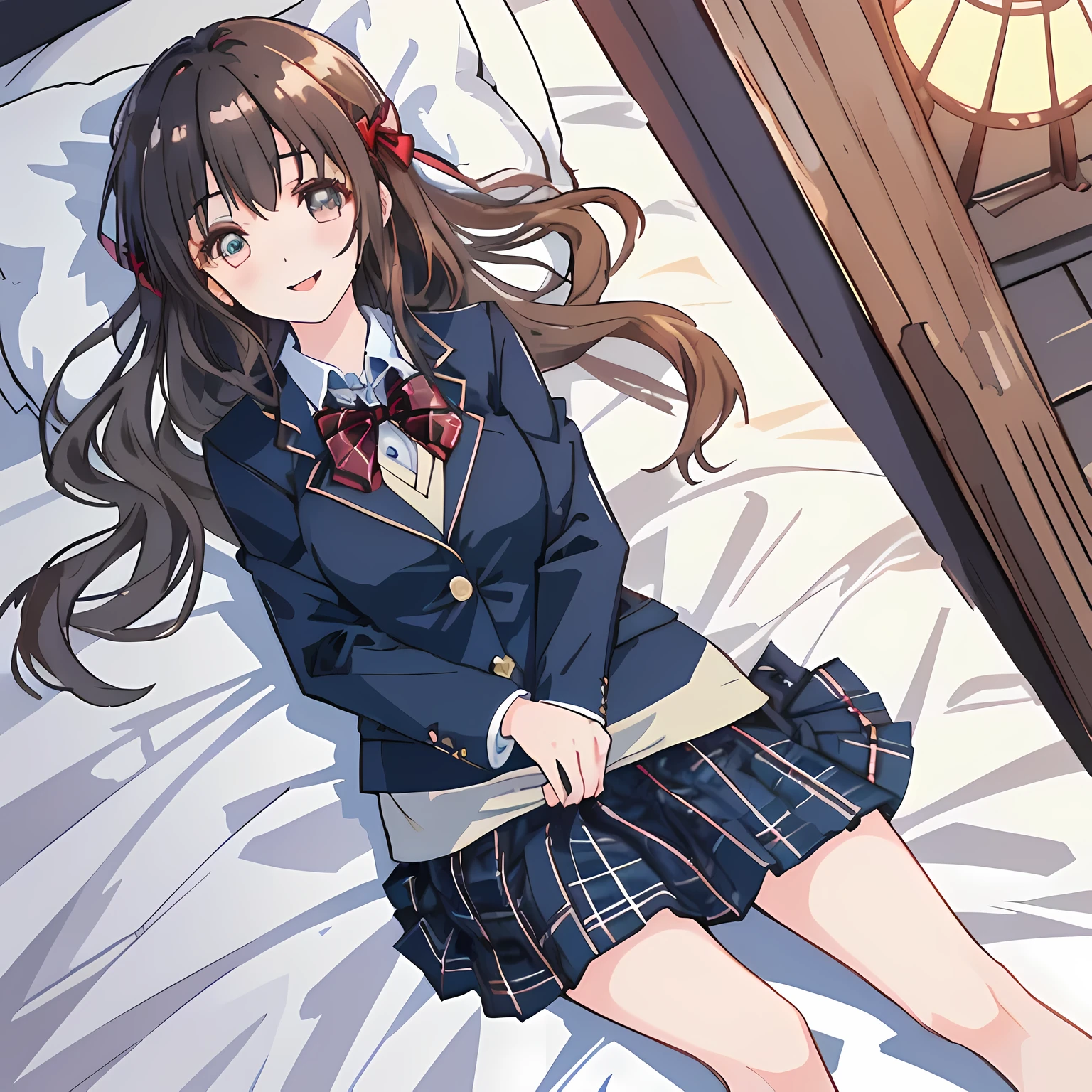 highest quality, (masterpiece:1.2), High resolution, perfect pixel, One so beautiful woman is lying on the bed, 16 years old, ((detailed eyes)), ((girly large wine-red glossy polyester Japanese school ribbon bow tie)), (((long beautiful wavy hair))), ((((dark blue & deep navy colored tartan checkered long skirt)))), ((A formal dark blue blazer that is slightly larger and has a gold emblem on the left chest that feels like the texture of the cloth.)), Watching the viewer and laughing, Very fun, Very happy, mouth is open, the skirt is so cute, detailed fingers, modest chest, curled bangs, Lip balm, The background is a black bed in a night room, Beautiful down to the tips of her legs, I want to be intricately intertwined., so beautiful, checkered comforter, checkered bed sheet, cute long ribbons on the bed, long eyelashes, (Skirt and bow tie is photo realistic), (background is photo realistic)