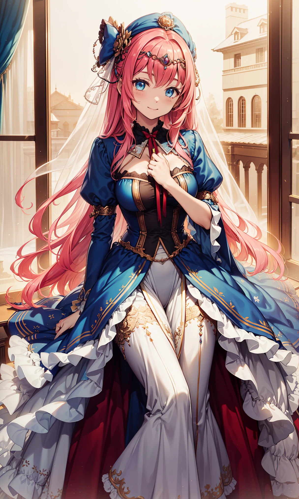 (best quality, High resolution, textured skin, high quality, high detail,Extremely detailed CG Unity),teenage girl，obsessed，divine happiness，in love，(light victorian dress:1.2)，pink hair，blue eyes，(Fabric headwear minimalism，Multi-layered delicate ruffles，lots of lace，multicolor cloth，fine embroidery，Exquisite patterns，Fabric headwear，Beautifully dressed，see through transparent clothes，bedroom，night，shining，(dazzle:1.2)，movie lighting，night，the only person，fluttering skirt，