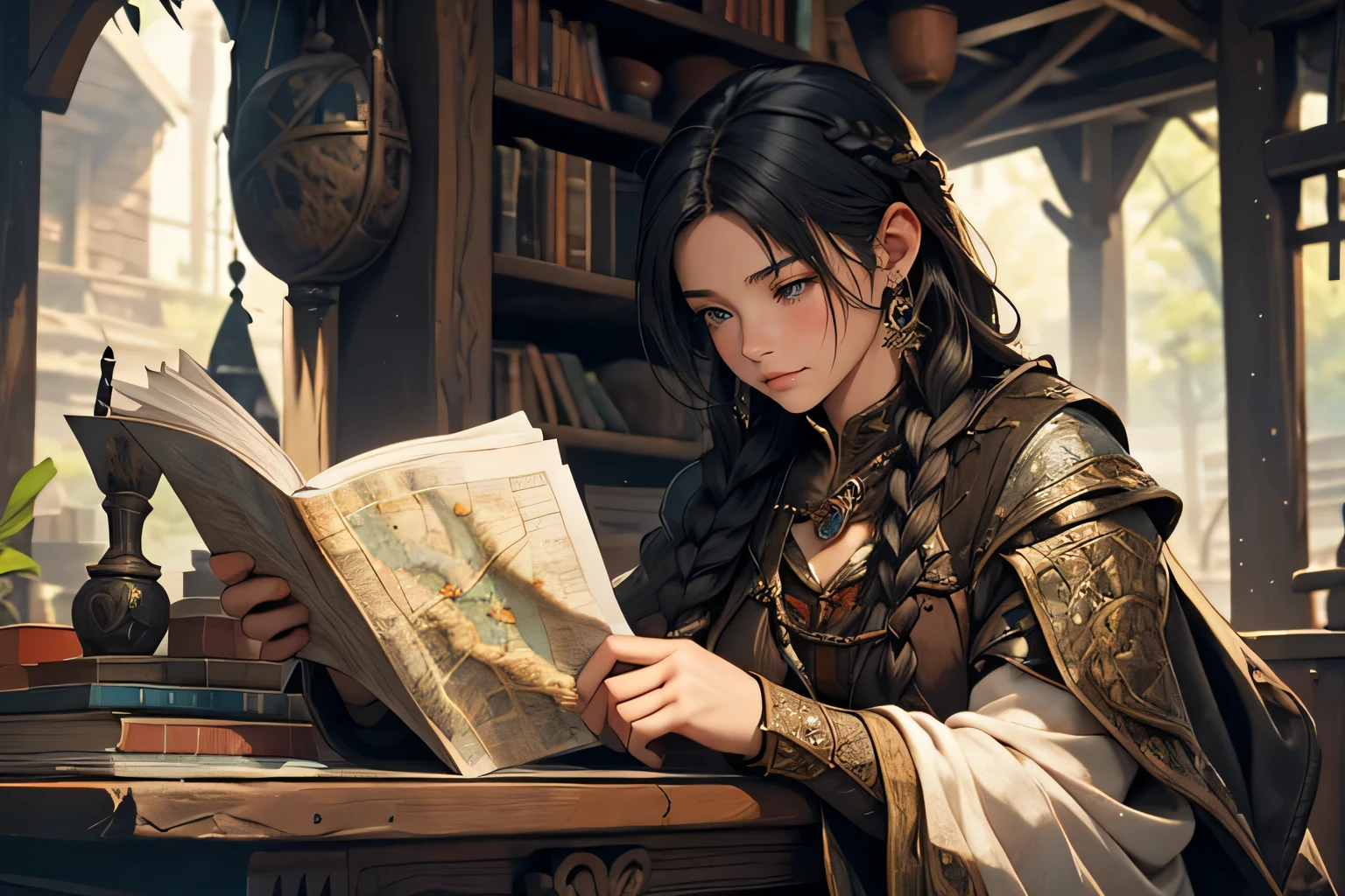 A medieval fantasy realm setting with a young girl having long black hair intricately braided, holding a weathered map while preparing for a long journey. 