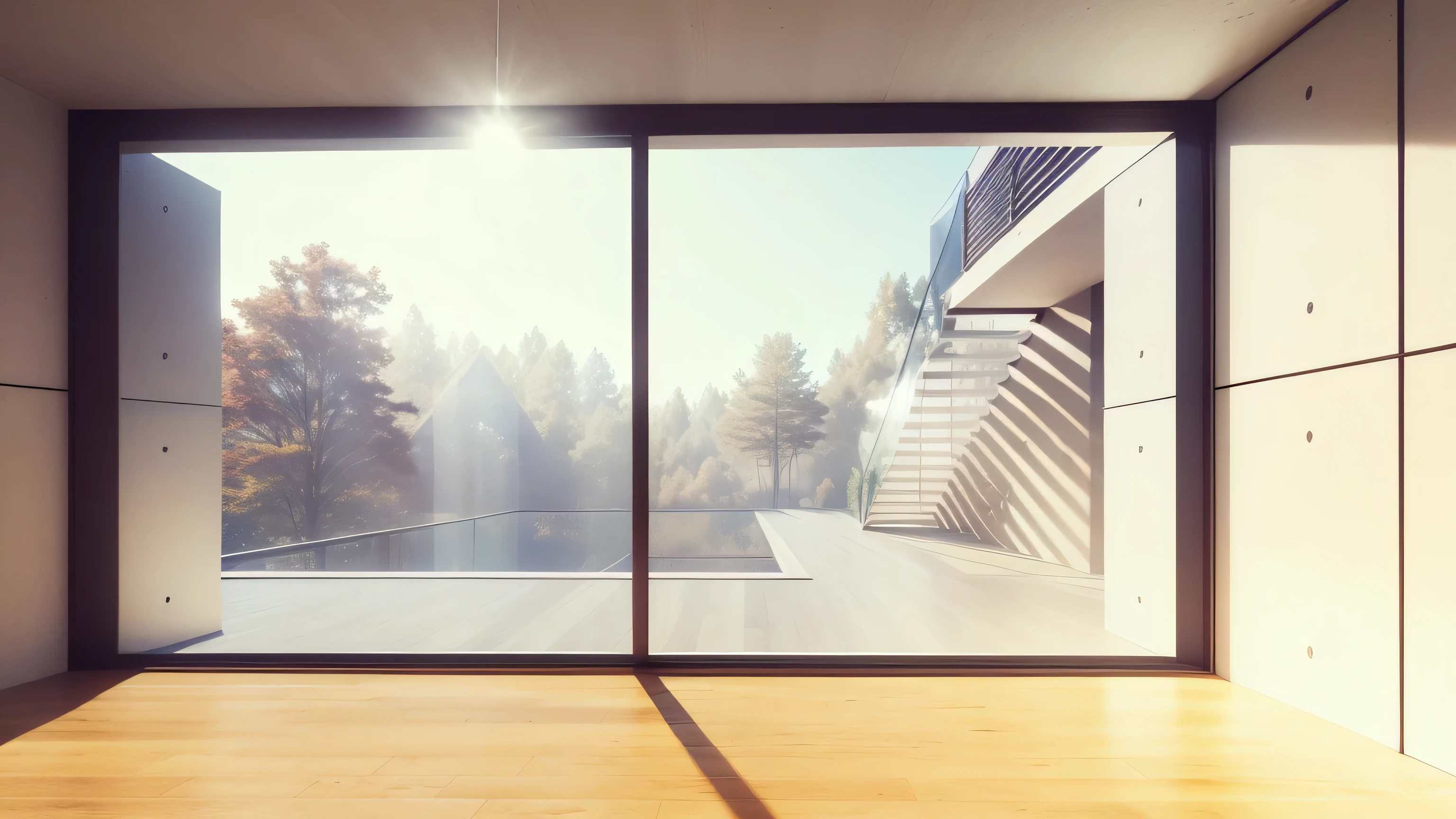 arafed view of a room with a large window and a wooden floor, picture of a loft in morning, large glass windows, clear glass wall, natural light outside, floor to ceiling window, glass wall, floor - to - ceiling windows, large windows, interior architecture view, glass walls, architectural visualisation, sliding glass windows, architectural visualization, architectural render