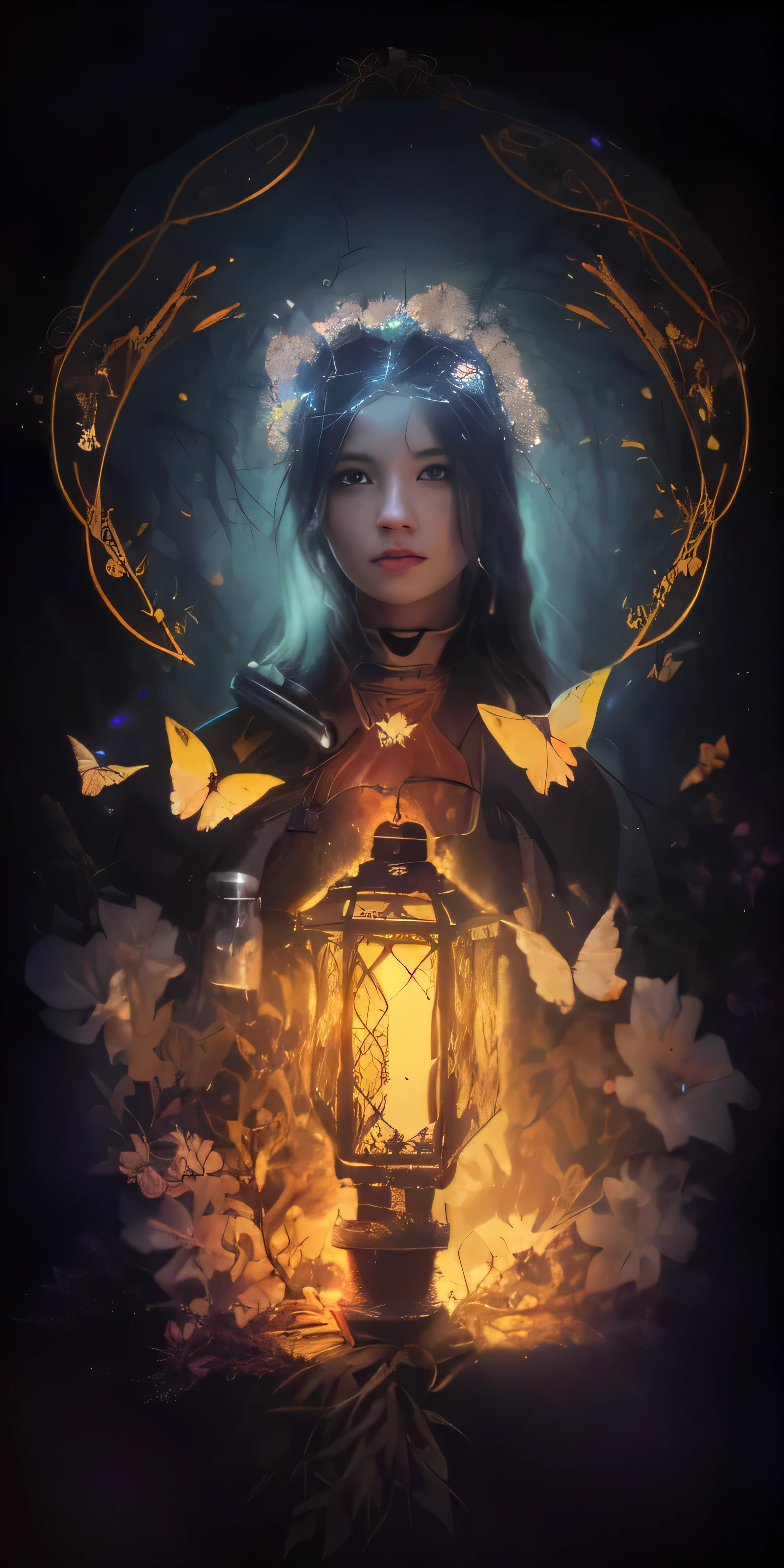 Raw photo, female warrior, glowing eyes, surrounding halo, vintage lantern, details, beautiful face, beautiful hands , (((biochemical weapon))) , realistic colors