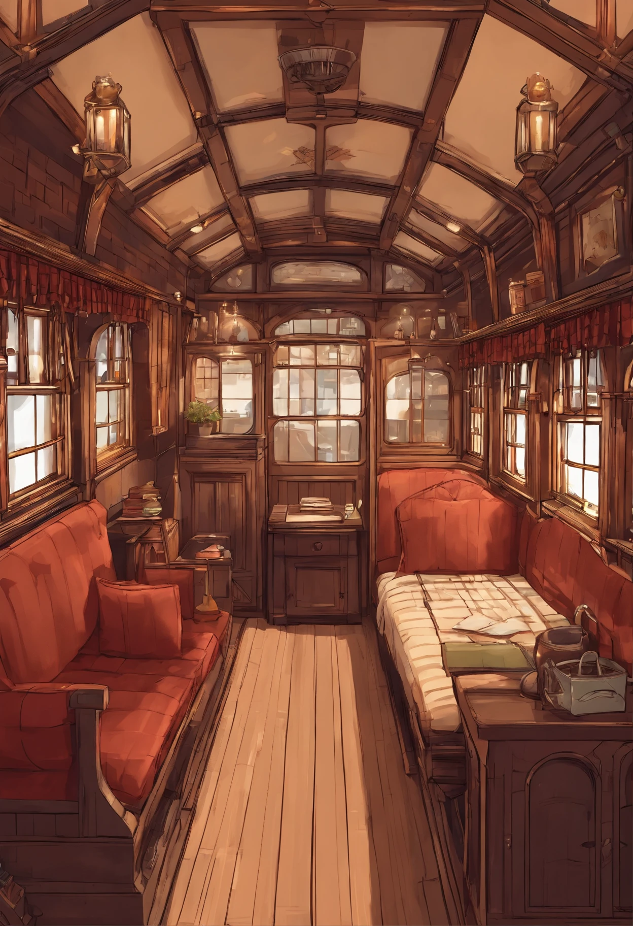 inside hogwarts train cart、Hogwarts students cabin，A little dark，Inside a magical train with magical objects，Low amount of light，((Pixal style))、Makoto (magical World of Harry Potter)