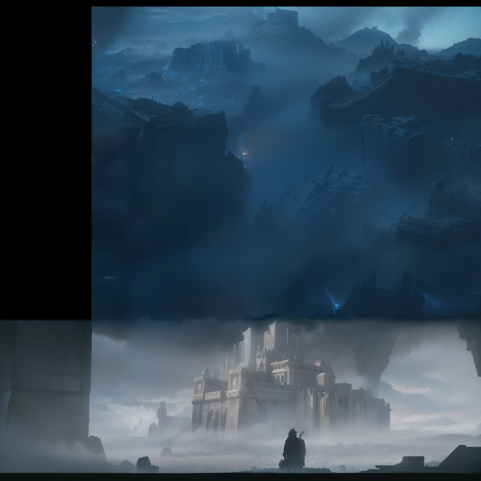 a close up of a castle in the middle of a foggy sky, destroyed city in the background, dystopian alien landscape, epic cinematic matte painting, 8 k matte painting, 8k matte painting, fallen kingdom city ruins, bladerunner city landscape, ruined city in the background, ruined city in background, 4 k resolution blade runner, 4 k matte painting