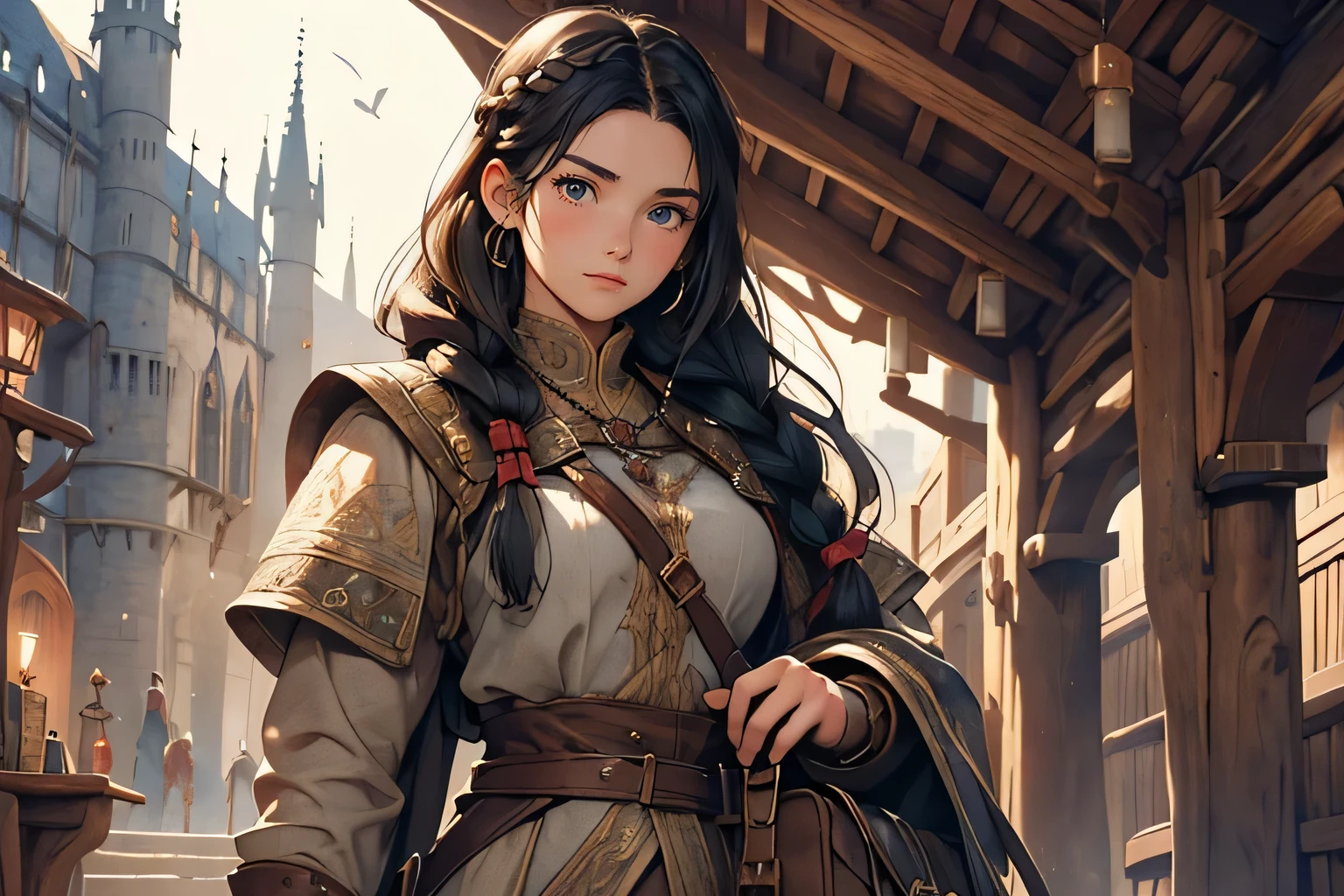 An illustration of a young girl with long black hair, braided, wearing traveler clothes, preparing to embark on a medieval-themed adventure. She should look determined and equipped for a long journey, with a sense of anticipation and adventure in her eyes. Ensure the style is reminiscent of medieval tapestries, with intricate details and a historical aesthetic