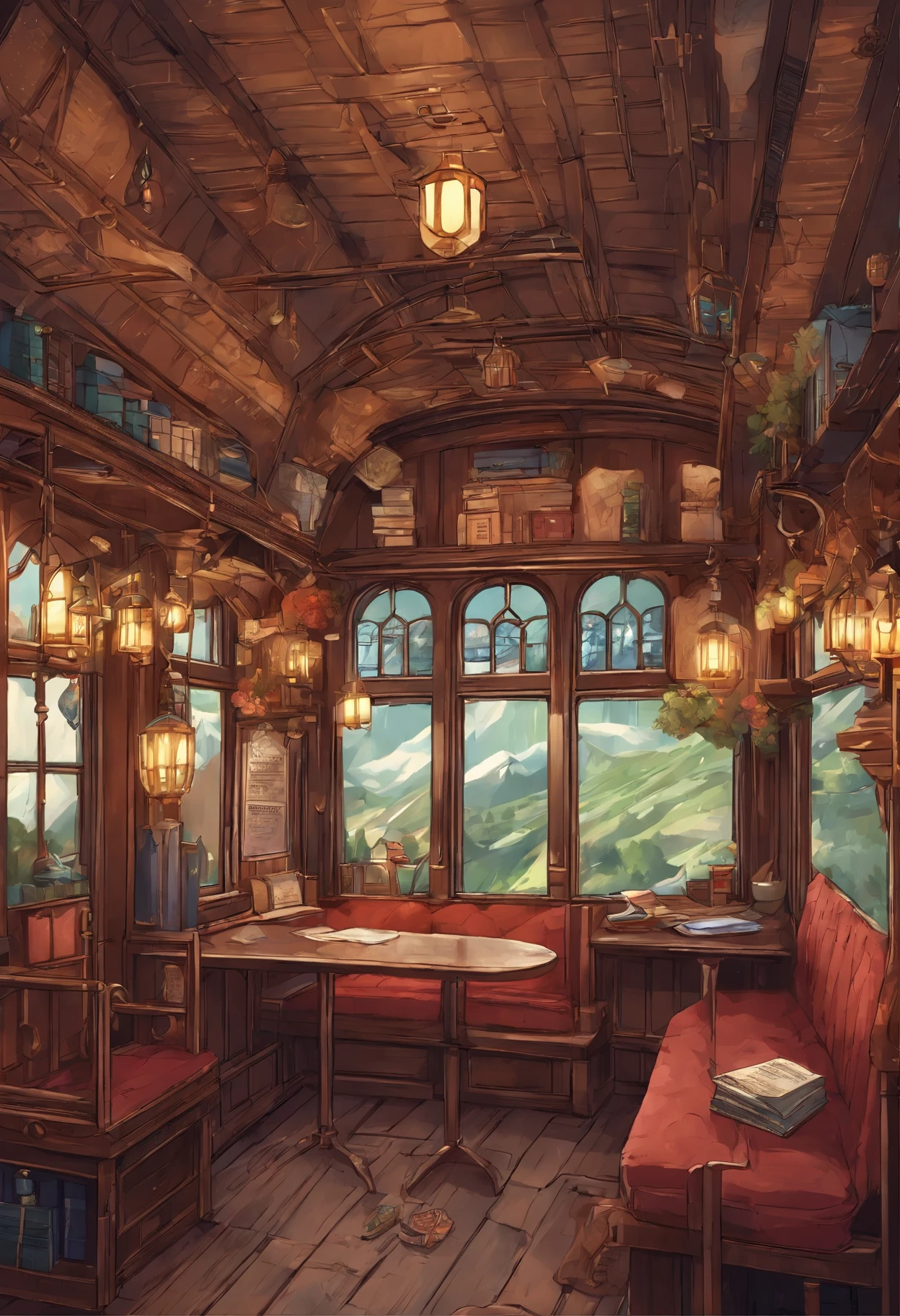 inside hogwarts train cart、Hogwarts students cabin,A little dark,Inside a magical train with magical objects, (hidden kitties),Low amount of light,((Pixal style))、Makoto (magical World of Harry Potter)