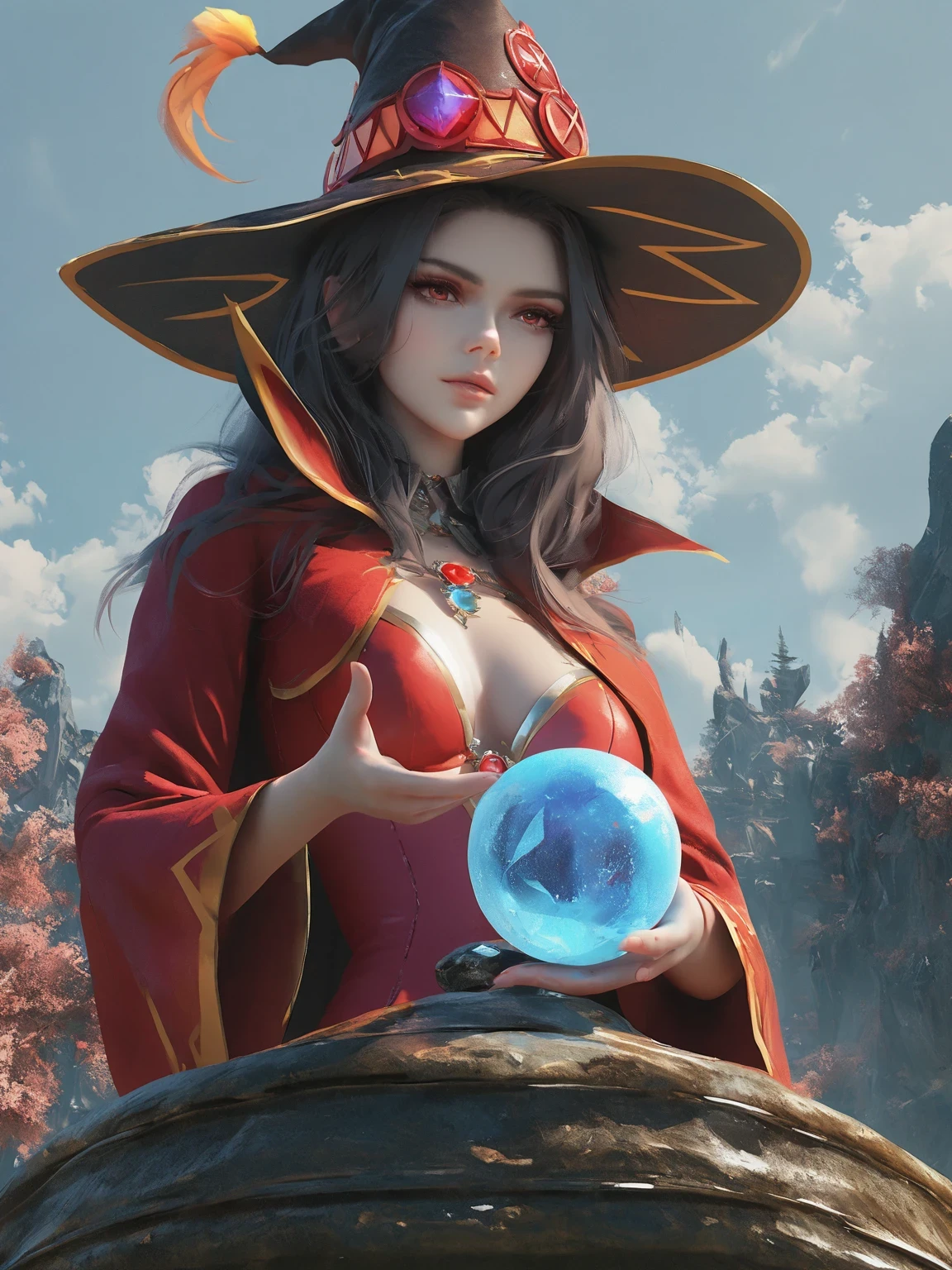 diy5，Highest quality, ultra-high definition, masterpieces, 8k, realistic, anime styled, 3d render，anime, two girls in hats and capes holding a crystal ball, mages, half invoker half megumin, beautiful celestial mage, anime in fantasy style, anime fantasy illustration, anime fantasy artwork, fantasy art style, fantasy mage, sorcerer magic witch, mage duel, young wizard, wlop and sakimichan, beautiful wizard