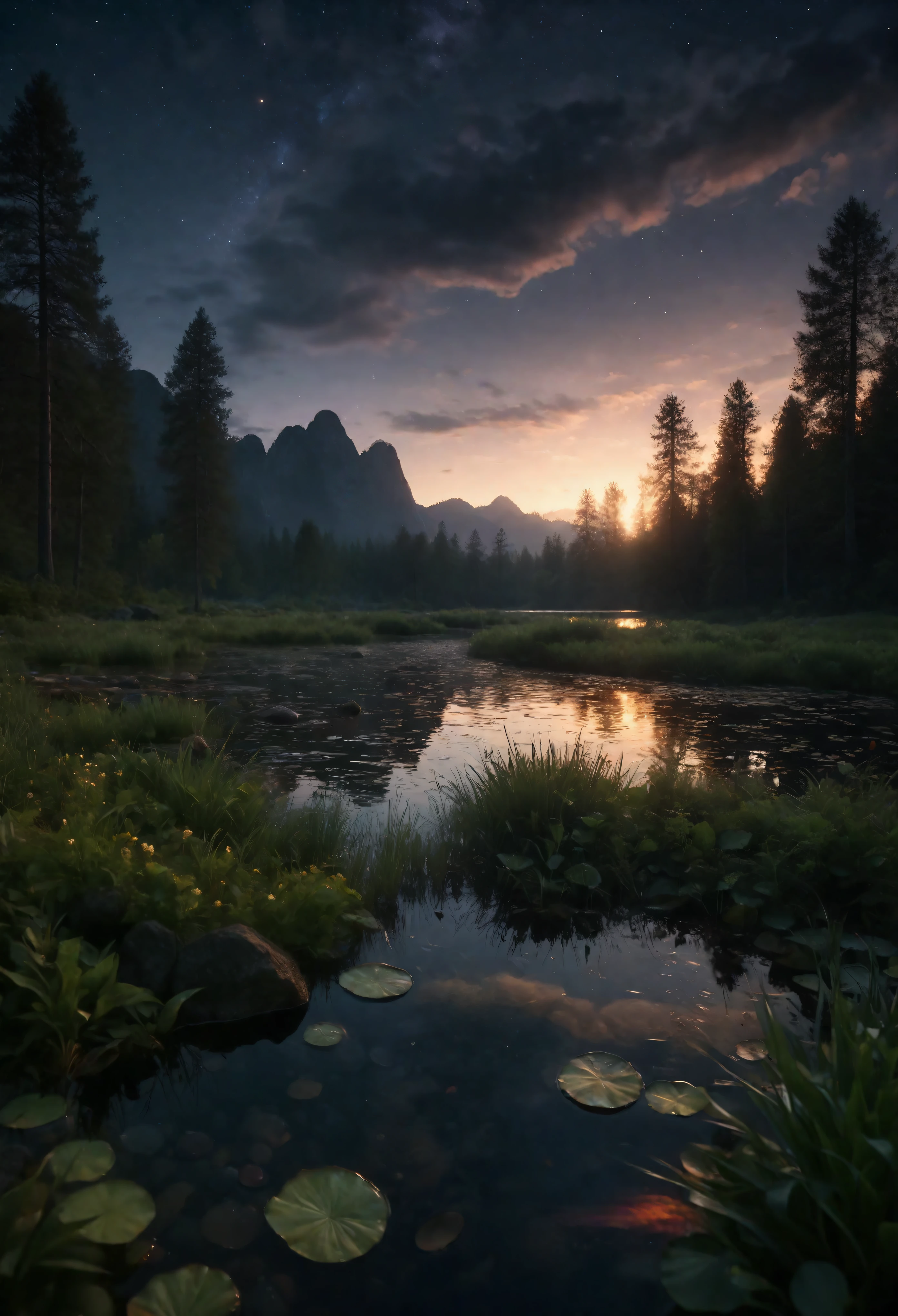 ((Masterpiece in maximum 16K resolution):1.6),((soft_color_photograpy:)1.5), ((Ultra-Detailed):1.4),((Movie-like still images and dynamic angles):1.3), ((motion blur):1.1),((Ultra wide angle):1.5),((fisheye lens photo):1.3). | (Cinematic shot of an Evening Pond at middle of a forest), award winning masterpiece with incredible details, epic stunning, ((glowing rocks at bottom of the pond):1.5), ((tyndall effect):1.1), ((serene night):1.2), ((evening sky):1.2), ((very dark evening sky):1.5), ((a fond beautiful faunas):1.2), ((sense of serenity):1.1), (shimmer), (visual experience), (Realism), (Realistic), award-winning graphics, dark shot, film grain, extremely detailed, Digital Art, rtx, Unreal Engine, scene concept anti glare effect, All captured with sharp focus. Rendered in ultra-high definition with UHD and retina quality, this masterpiece ensures anatomical correctness and textured skin with super detail. With a focus on high quality and accuracy, this award-winning portrayal captures every nuance in stunning 16k resolution, immersing viewers in its lifelike depiction. Avoid extreme angles or exaggerated expressions to maintain realism. ((perfect_composition, perfect_design, perfect_layout, perfect_detail, ultra_detailed)), ((enhance_all, fix_everything)),