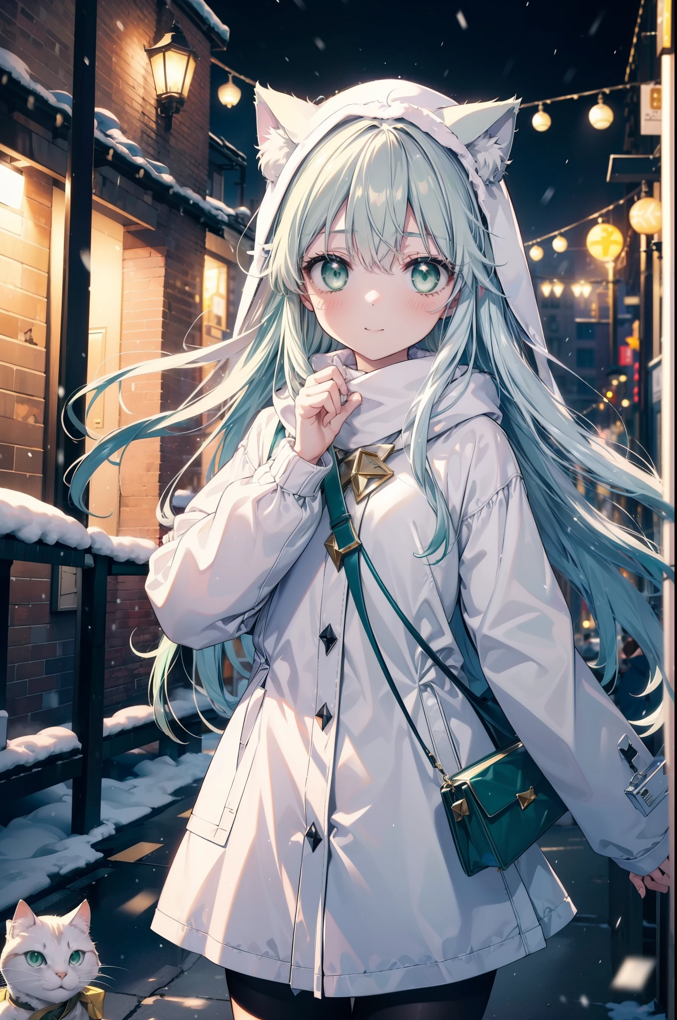 index, index, (green eyes:1.5), silver hair, long hair, (flat chest:1.2),Cat ear,cat tail,blush,smile,open your mouth,gray handbag,yellow long coat, white hoodie, black long skirt,black pantyhose,Mini Boots,winter,night,cold sky,snow is scattered,It&#39;s snowing,background　big christmas tree,
break looking at viewer, Upper body, whole body,
break outdoors, In town,building street,
break (masterpiece:1.2), highest quality, High resolution, unity 8k wallpaper, (figure:0.8), (beautiful deしっぽed eyes:1.6), extremely deしっぽed face, perfect lighting, extremely deしっぽed CG, (perfect hands, perfect anatomy),