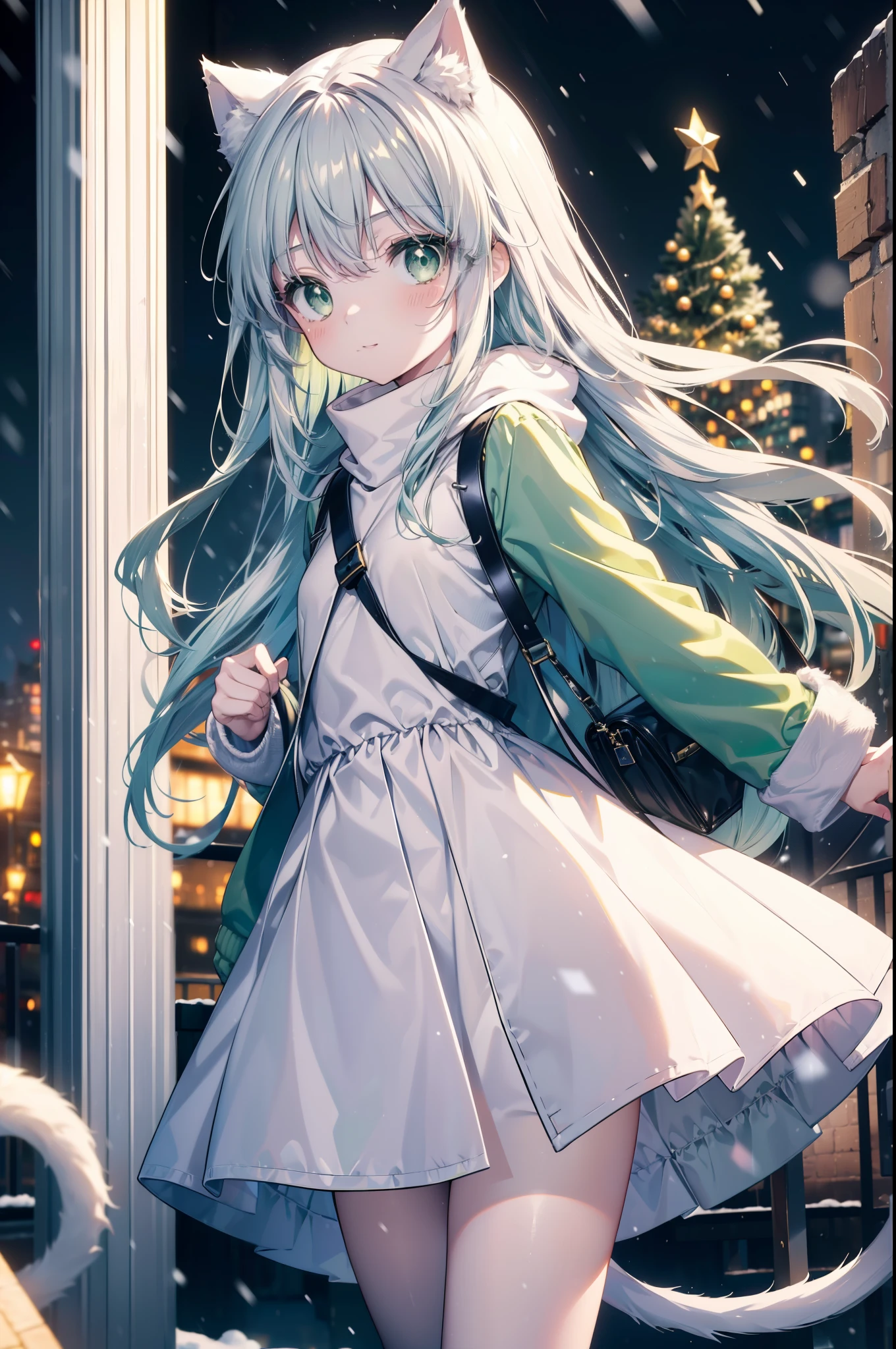 index, index, (green eyes:1.5), silver hair, long hair, (flat chest:1.2),Cat ear,cat tail,blush,smile,open your mouth,gray handbag,yellow long coat, white hoodie, black long skirt,black pantyhose,Mini Boots,winter,night,cold sky,snow is scattered,It&#39;s snowing,background　big christmas tree,
break looking at viewer, Upper body, whole body,
break outdoors, In town,building street,
break (masterpiece:1.2), highest quality, High resolution, unity 8k wallpaper, (figure:0.8), (beautiful deしっぽed eyes:1.6), extremely deしっぽed face, perfect lighting, extremely deしっぽed CG, (perfect hands, perfect anatomy),