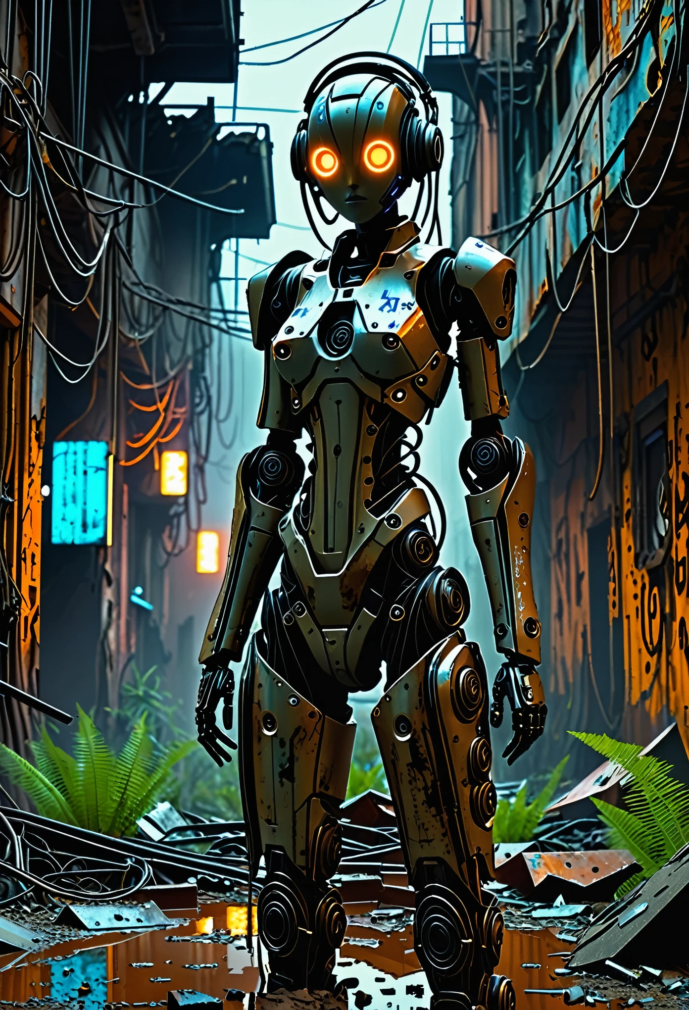 (best quality, 4k, highres), dystopian, sci-fi, metallic textures, neon lights, strong contrasts, urban decay, apocalyptic atmosphere, post-apocalyptic fashion, futuristic technology, mechanical body parts, glowing cybernetic eyes, robotic limbs, eerie silence, dusty and rusty surroundings, damaged walls and floors, broken machinery, overgrown plants, ominous shadows, mysterious darkness, cold and desolate feeling, unearthly beauty, and determined expression, standing tall and confident in the midst of destruction.