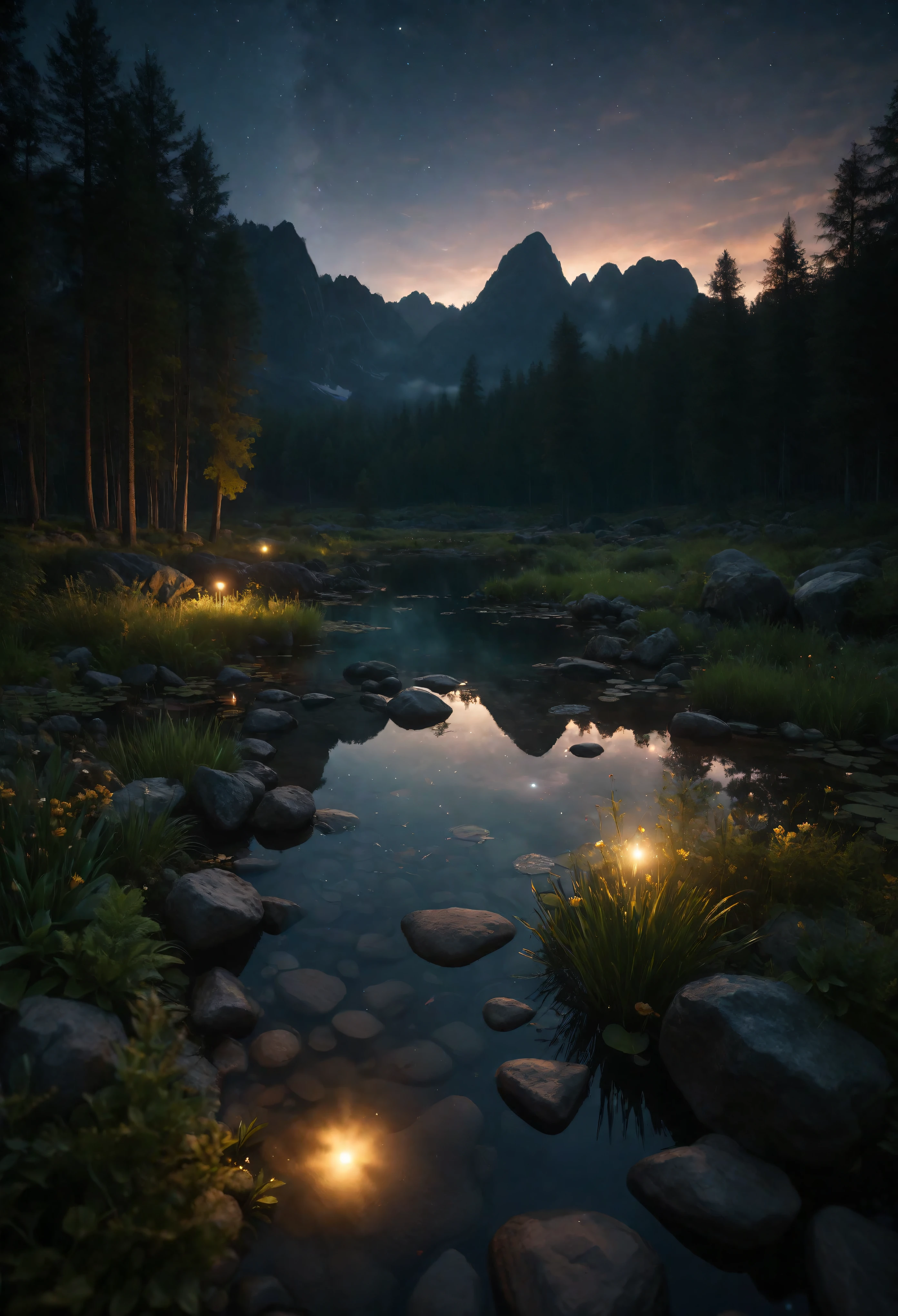 ((Masterpiece in maximum 16K resolution):1.6),((soft_color_photograpy:)1.5), ((Ultra-Detailed):1.4),((Movie-like still images and dynamic angles):1.3), ((motion blur):1.1),((Ultra wide angle):1.5),((fisheye lens photo):1.3). | (Cinematic shot of an Evening Pond at middle of a forest), award winning masterpiece with incredible details, epic stunning, ((glowing rocks at bottom of the pond):1.5), ((tyndall effect):1.1), ((serene night):1.2), ((evening sky):1.2), ((very dark evening sky):1.5), ((sense of serenity):1.1), (shimmer), (visual experience), (Realism), (Realistic), award-winning graphics, dark shot, film grain, extremely detailed, Digital Art, rtx, Unreal Engine, scene concept anti glare effect, All captured with sharp focus. Rendered in ultra-high definition with UHD and retina quality, this masterpiece ensures anatomical correctness and textured skin with super detail. With a focus on high quality and accuracy, this award-winning portrayal captures every nuance in stunning 16k resolution, immersing viewers in its lifelike depiction. Avoid extreme angles or exaggerated expressions to maintain realism. ((perfect_composition, perfect_design, perfect_layout, perfect_detail, ultra_detailed)), ((enhance_all, fix_everything)),