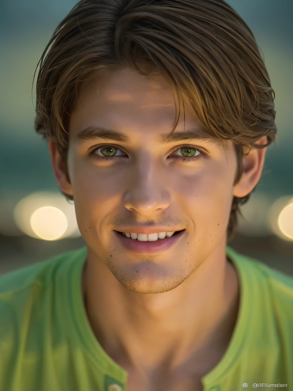 Soft movie-like lighting illuminates a beautiful space。, incredibly detailed, beach look, Light brown hair ultra short messy, light green eyes, enchanting perfect smile, sensual, hot guy, very beautiful, Who&#39;s trending on ArtStation?. Octane is、It&#39;s the perfect tool to capture the smoothest details of this 16K photography masterpiece