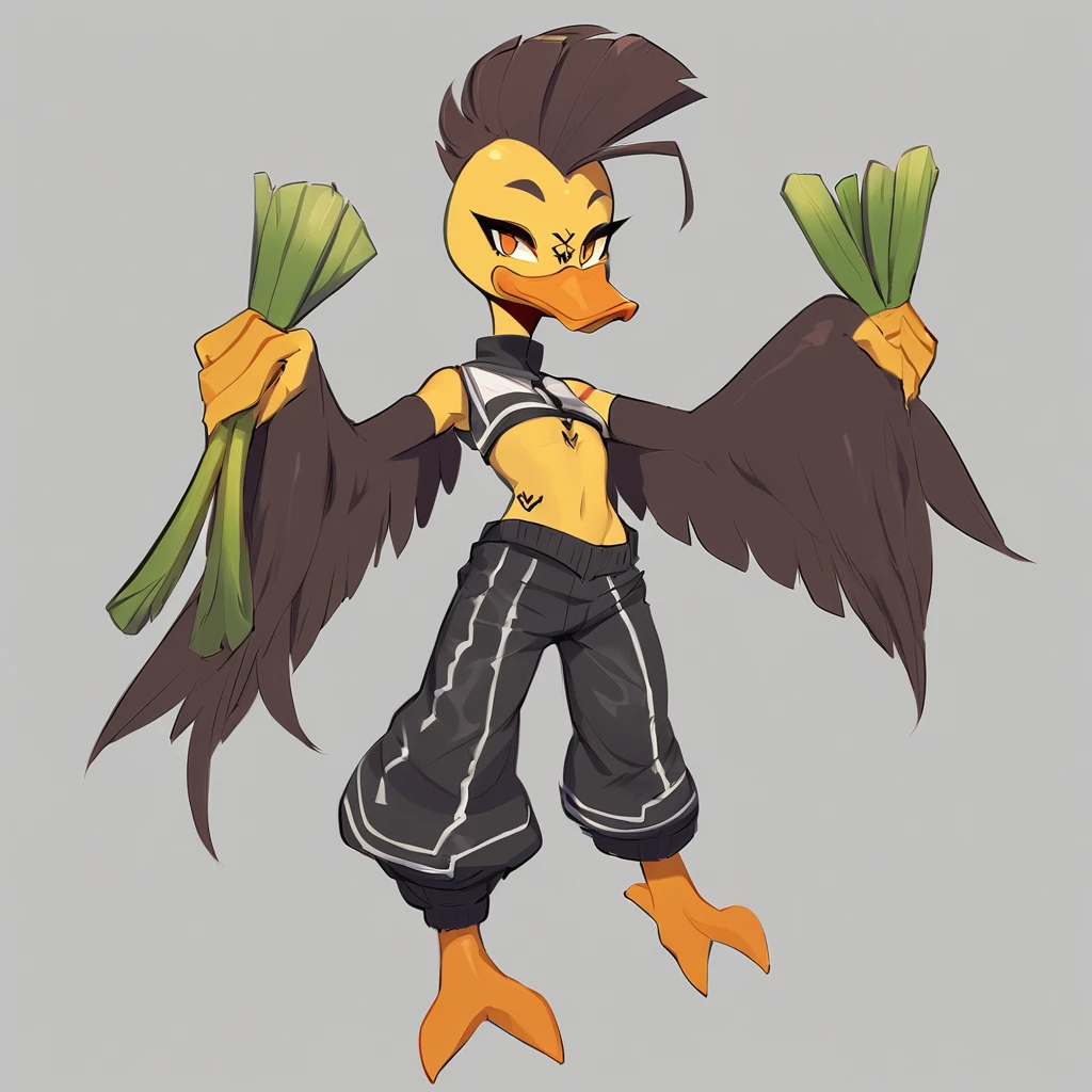 duck monster girl with a V tattoo on forehead dark brown square mohawk wings and and feathers, yellow-orange duck feet and beak holding a a oversized leek wearing Japanese street outfit 
