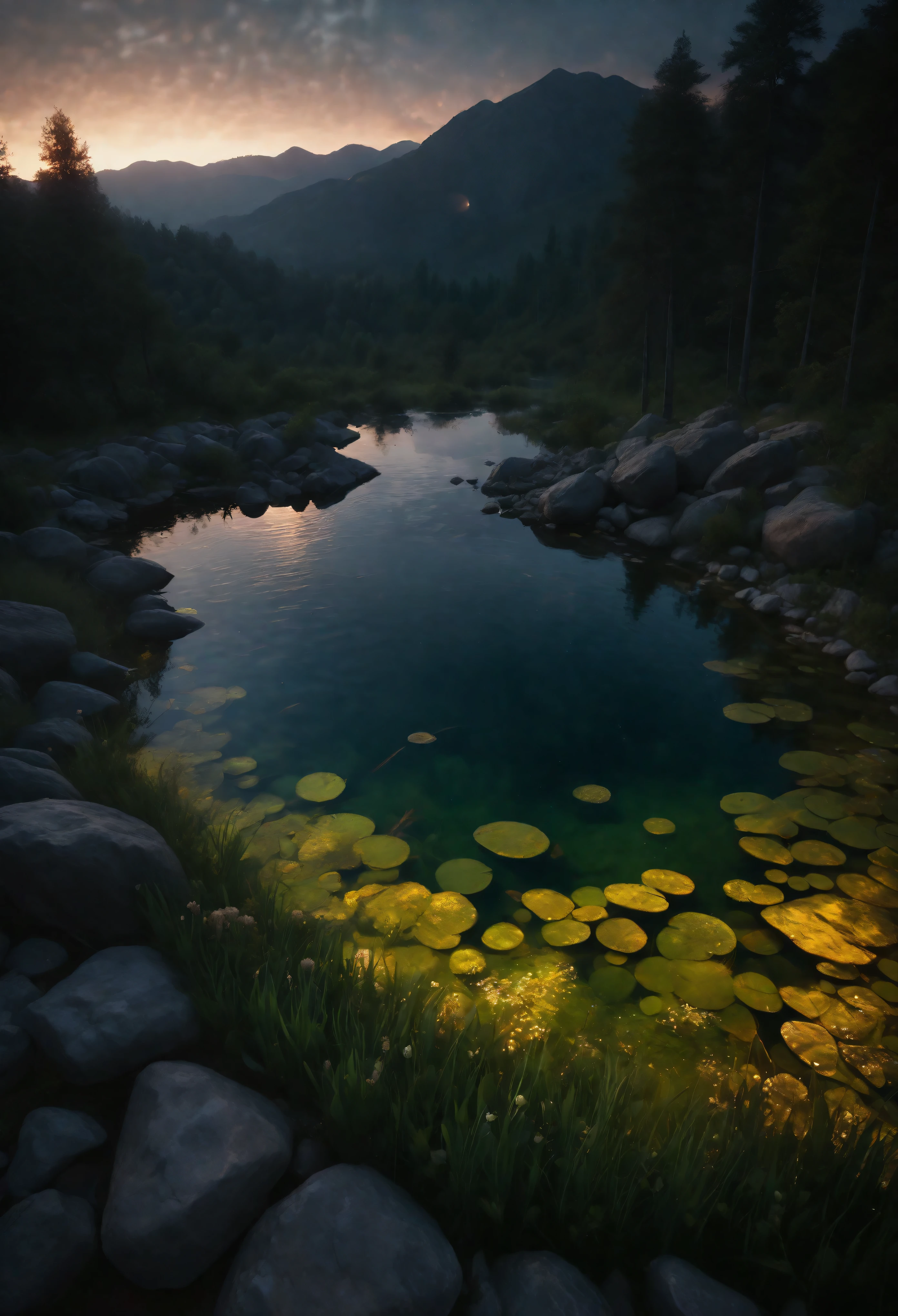 ((Masterpiece in maximum 16K resolution):1.6),((soft_color_photograpy:)1.5), ((Ultra-Detailed):1.4),((Movie-like still images and dynamic angles):1.3), ((motion blur):1.1),((Ultra wide angle):1.5),((fisheye lens photo):1.3). | (Cinematic shot of an Evening Pond at middle of a forest), award winning masterpiece with incredible details, epic stunning, ((glowing rocks at bottom of the pond):1.5), ((tyndall effect):1.1), ((serene night):1.2), ((evening sky):1.2), ((very dark evening sky):1.5), ((a fond beautiful faunas):1.2), ((sense of serenity):1.1), (shimmer), (visual experience), (Realism), (Realistic), award-winning graphics, dark shot, film grain, extremely detailed, Digital Art, rtx, Unreal Engine, scene concept anti glare effect, All captured with sharp focus. Rendered in ultra-high definition with UHD and retina quality, this masterpiece ensures anatomical correctness and textured skin with super detail. With a focus on high quality and accuracy, this award-winning portrayal captures every nuance in stunning 16k resolution, immersing viewers in its lifelike depiction. Avoid extreme angles or exaggerated expressions to maintain realism. ((perfect_composition, perfect_design, perfect_layout, perfect_detail, ultra_detailed)), ((enhance_all, fix_everything)),
