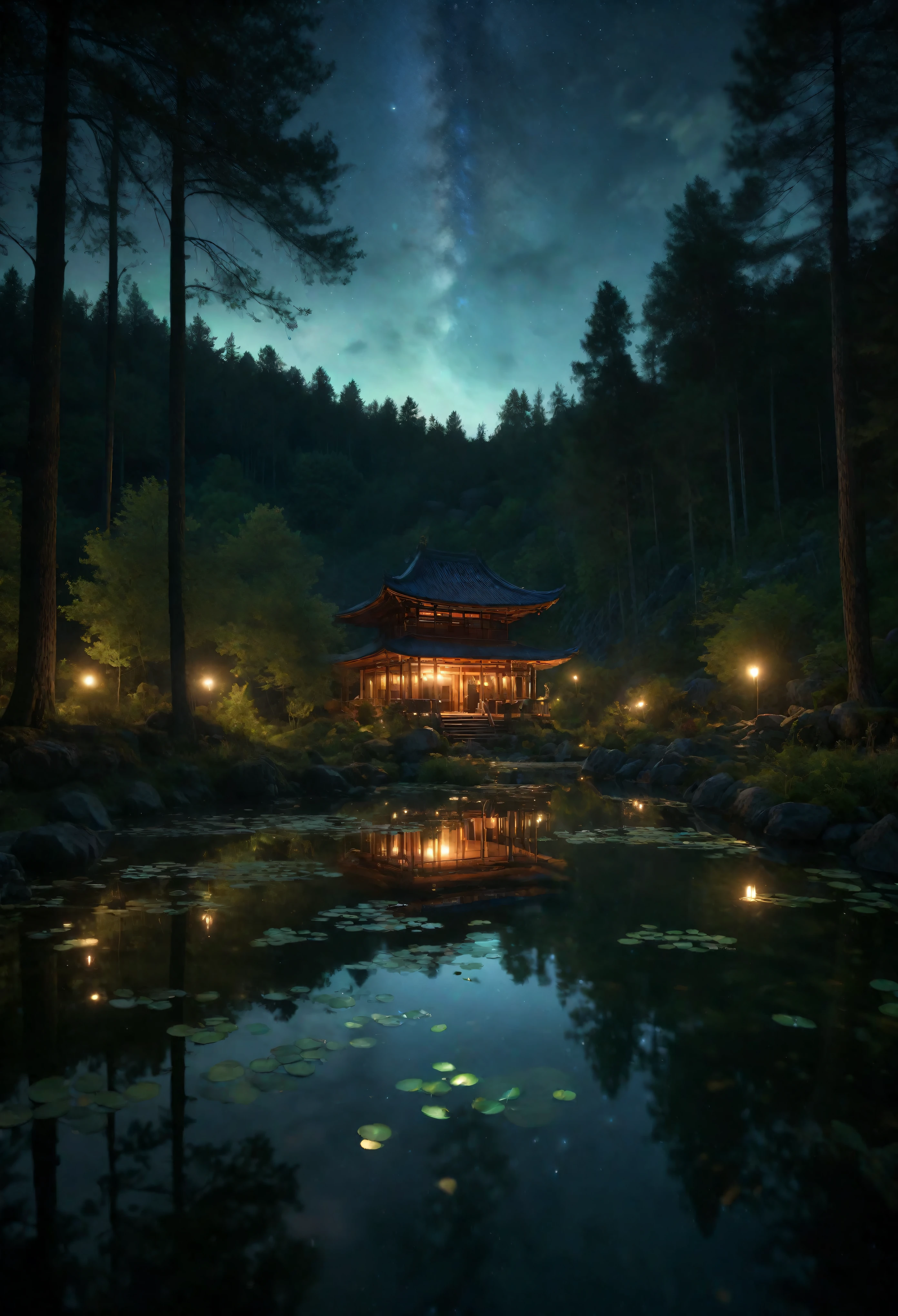 ((Masterpiece in maximum 16K resolution):1.6),((soft_color_photograpy:)1.5), ((Ultra-Detailed):1.4),((Movie-like still images and dynamic angles):1.3), ((motion blur):1.1),((Ultra wide angle):1.5),((fisheye lens photo):1.3). | (Cinematic shot of an Evening Pond at middle of a forest), award winning masterpiece with incredible details, epic stunning, ((glowing rocks at bottom of the pond):1.5), ((tyndall effect):1.1), ((serene night):1.2), ((evening sky):1.2), ((very dark evening sky):1.5), ((a fond beautiful faunas):1.2), ((sense of serenity):1.1), (shimmer), (visual experience), (Realism), (Realistic), award-winning graphics, dark shot, film grain, extremely detailed, Digital Art, rtx, Unreal Engine, scene concept anti glare effect, All captured with sharp focus. Rendered in ultra-high definition with UHD and retina quality, this masterpiece ensures anatomical correctness and textured skin with super detail. With a focus on high quality and accuracy, this award-winning portrayal captures every nuance in stunning 16k resolution, immersing viewers in its lifelike depiction. Avoid extreme angles or exaggerated expressions to maintain realism. ((perfect_composition, perfect_design, perfect_layout, perfect_detail, ultra_detailed)), ((enhance_all, fix_everything)),