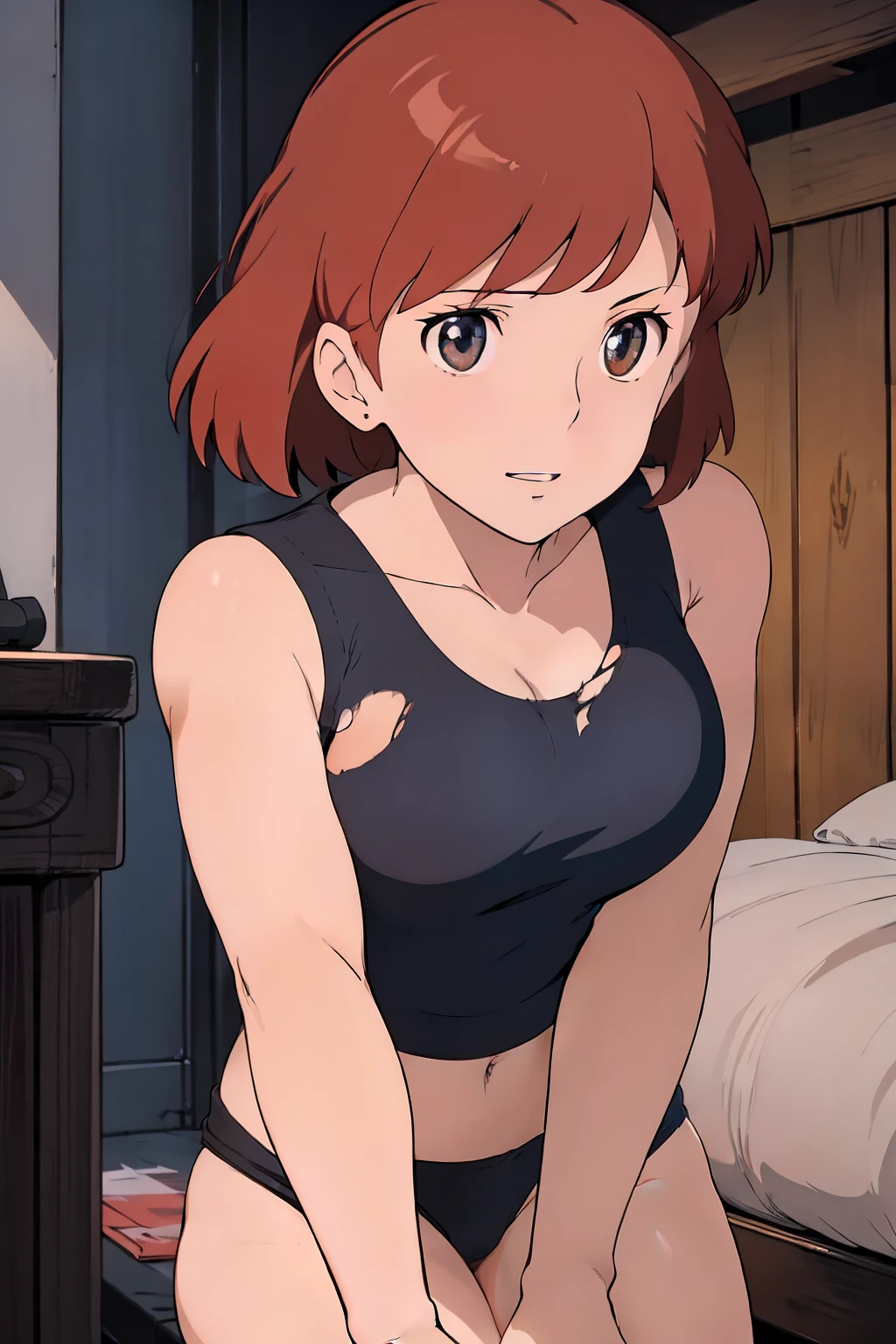 nsfw,(masterpiece, highest quality, High resolution, anime screenshot, anime color, 8K, realistic), Nausicaa, woman, mature woman, wife, alone, brown hair, (looking at the viewer), huge breasts, cleavage, (Torn tank top:1.2), Upper body, forest, (perfect detailed anatomy, beautiful and detailed face&eye:1.5, shiny skin, perfect body)、erect nipples、I want to see up to my kneecaps、thin fabric panties