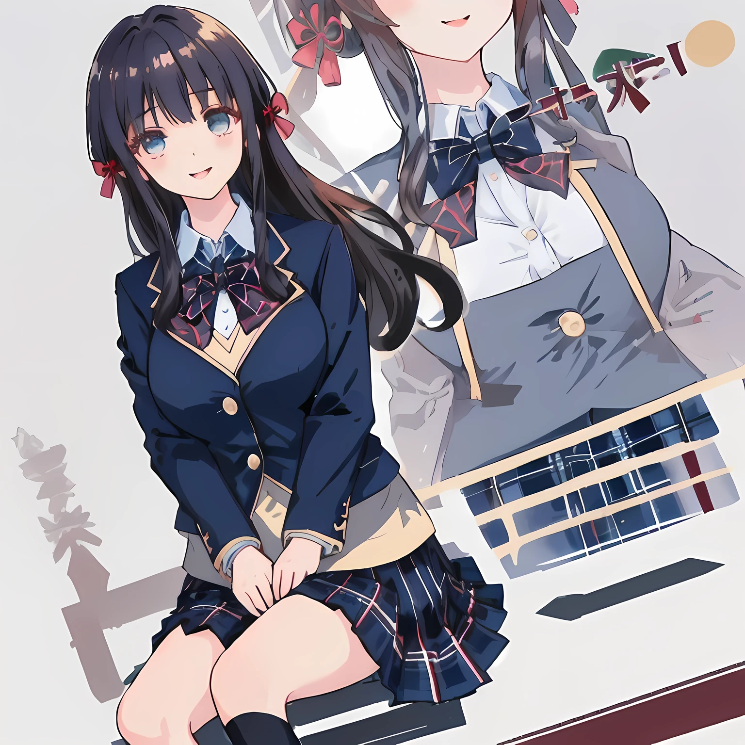 highest quality, (masterpiece:1.2), High resolution, perfect pixel, One so beautiful woman is lying on the bed, , ((very detailed beautiful eyes)), ((girly large wine-red glossy polyester Japanese school ribbon bow tie)), (((long beautiful wavy hair))), ((((dark blue & deep navy colored tartan checkered long skirt)))), ((A formal dark blue blazer that is slightly larger and has a gold emblem on the left chest that feels like the texture of the cloth.)), Watching the viewer and laughing, Very fun, Very happy, mouth is open, the skirt is so cute, detailed fingers, modest chest, curled bangs, Lip balm, The background is a black bed in a night room, Beautiful down to the tips of her legs, I want to be intricately intertwined., so beautiful, checkered comforter, checkered bed sheet, cute long ribbons on the bed, long eyelashes, (Skirt and bow tie is photo realistic), (background is photo realistic), windy