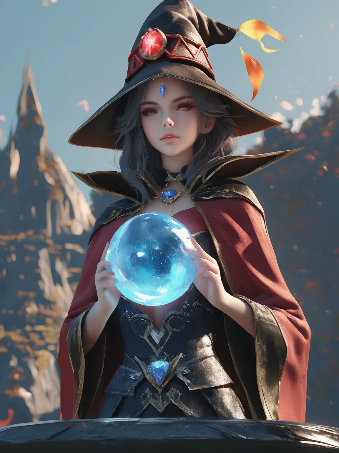 diy5，Highest quality, ultra-high definition, masterpieces, 8k, realistic, anime styled, 3d render，anime, two girls in hats and capes holding a crystal ball, mages, half invoker half megumin, beautiful celestial mage, anime in fantasy style, anime fantasy illustration, anime fantasy artwork, fantasy art style, fantasy mage, sorcerer magic witch, mage duel, young wizard, wlop and sakimichan, beautiful wizard