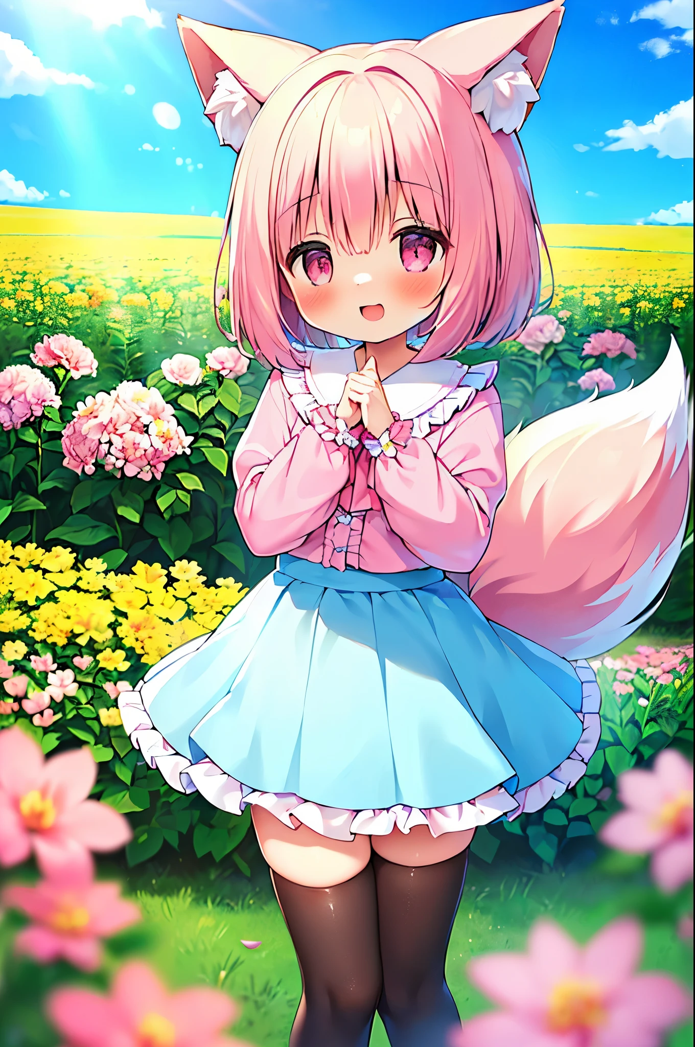 (((masterpiece))), (high quality:1.5))), (beautiful:1.5), (((8K))), (High resolution:1.5), (1 girl:1.5), (pink short hair:1.4), pink short hair:1.4), (Pink fox tail:1.5), (Pink fox tail:1.4), (pink fox ears and white tips), (pink eyes), (Super cute light blue ruffle pleated skirt:1.3), (A very cute light blue blouse with frills.:1.4), (long sleeve:1.1), (wood々:1.4), (in the flower field:1.4), (Laughing 1.4), (dynamic pose:1.4), (put your hands behind your head:1.4)