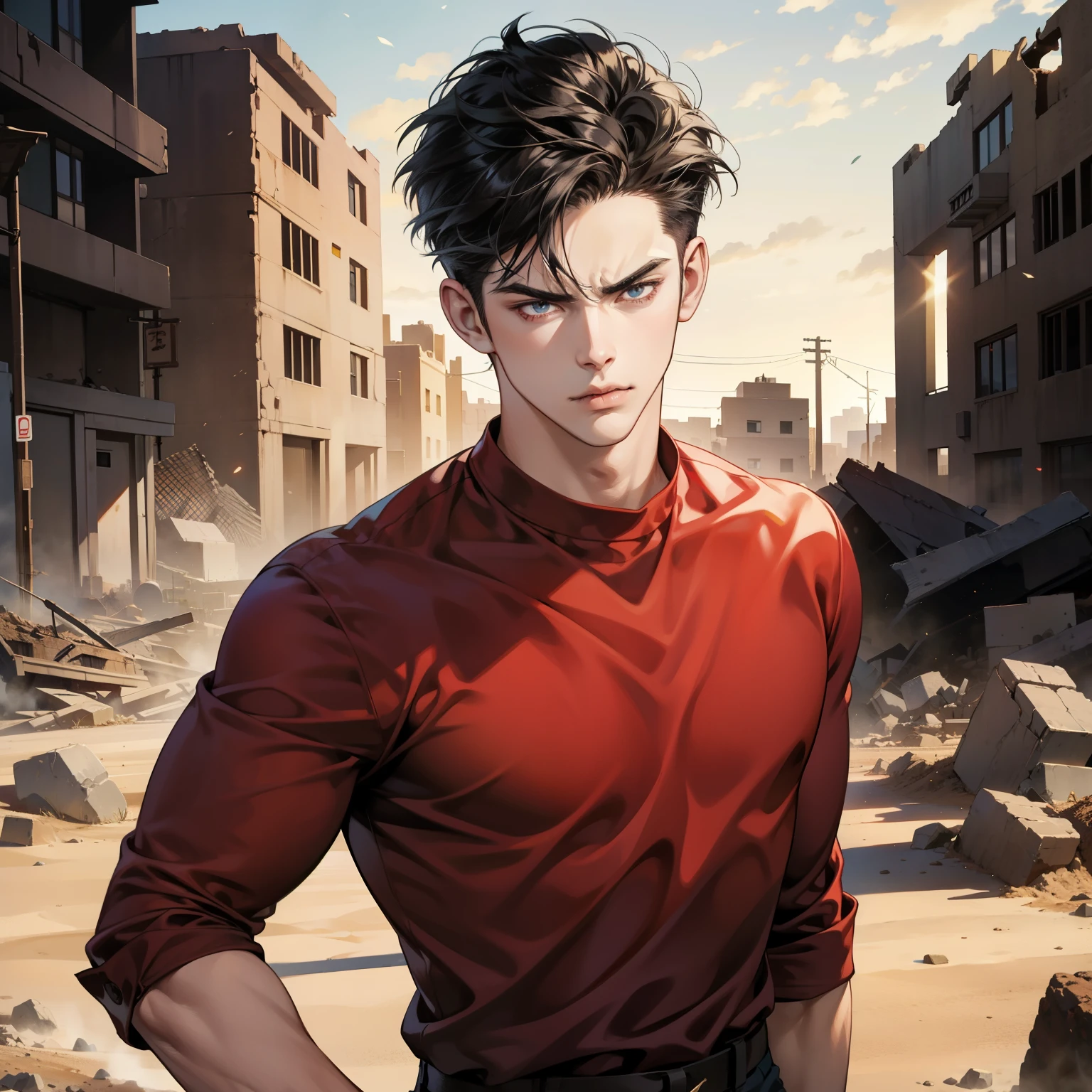 Realistic Anime style, Handsome boy, cool boy, angry face, Red shirt, black quiff hairstyle, Destroyed desert city background