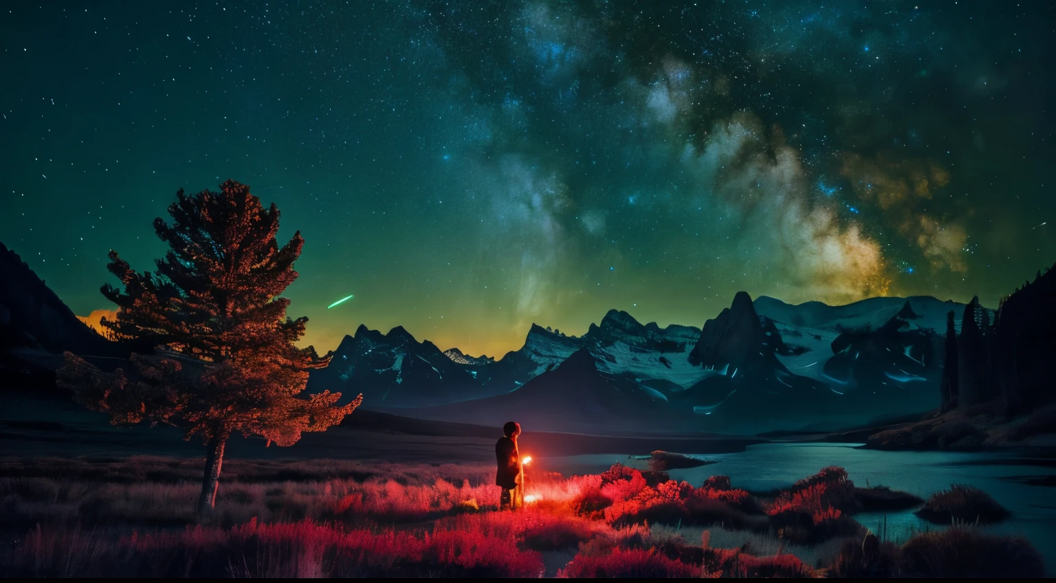 highest quality, masterpiece, Beautiful wild and natural fantasy landscape with glowing lights