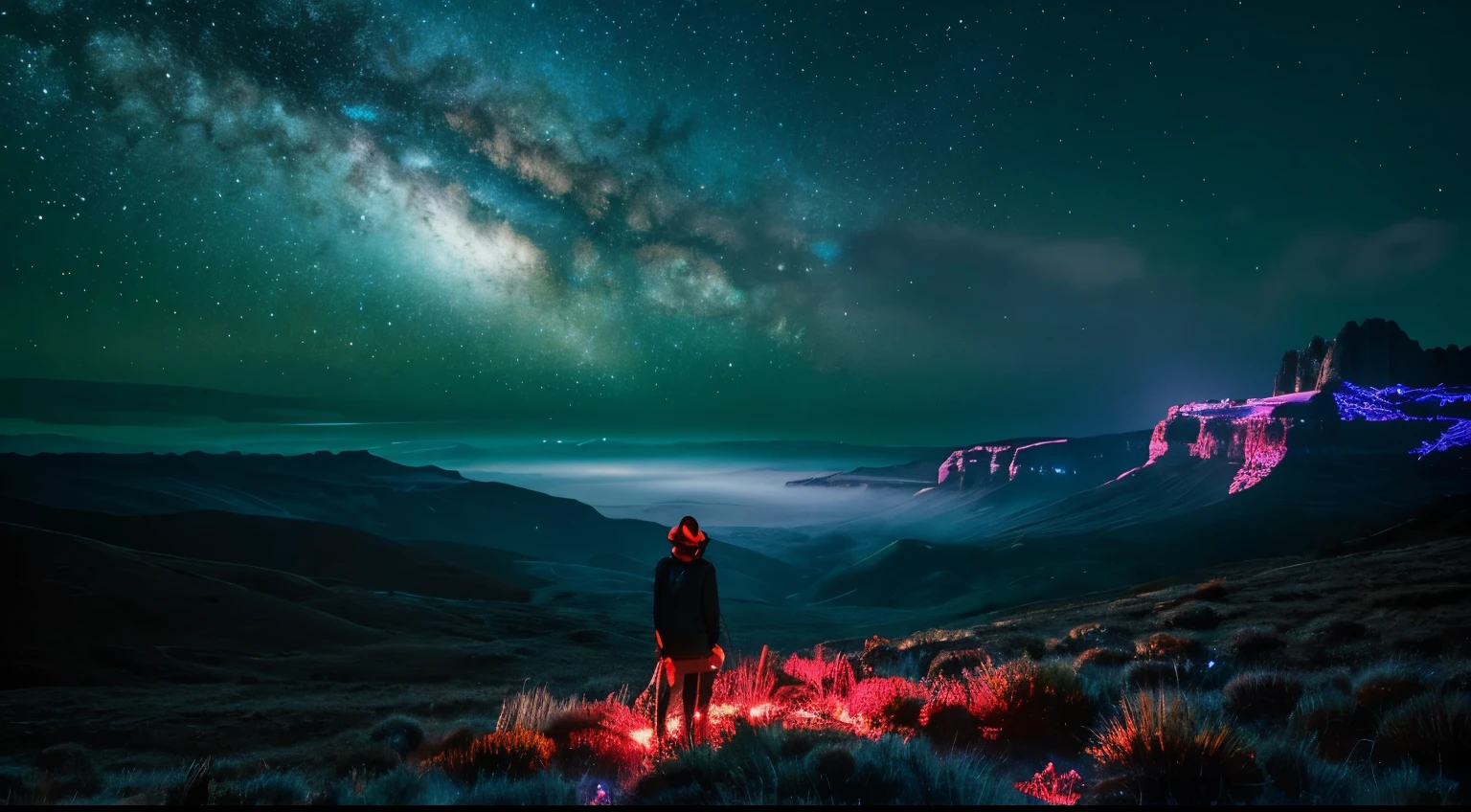 highest quality, masterpiece, Beautiful wild and natural fantasy landscape with glowing lights