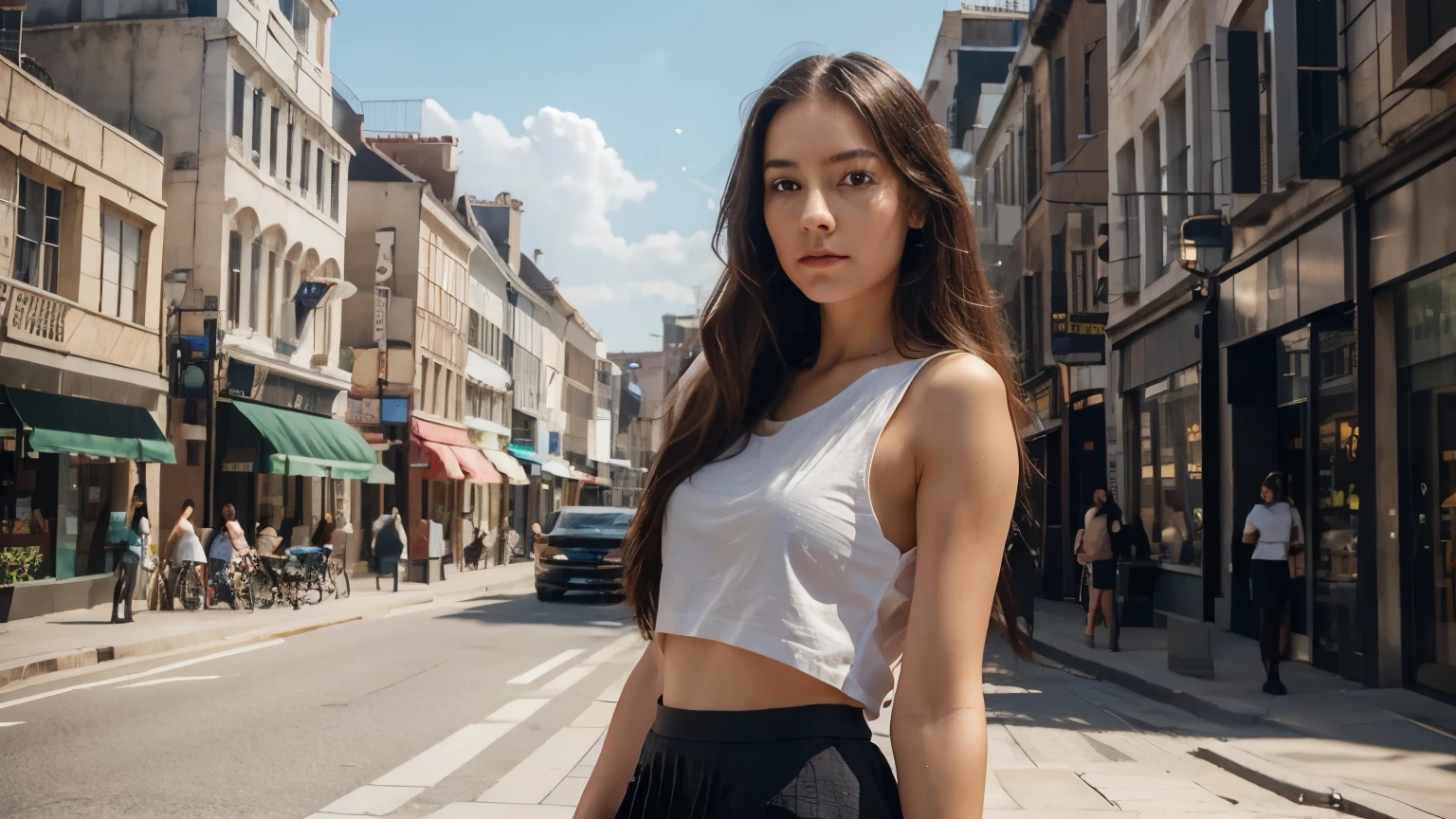 Young woman at 25: 1.3, Long hair: 1.2, Professional skirt: 1.2, Daytime: 1.2, Square: 1.2, cinematic lighting, Surrealism, UHD, ccurate, Super detail, textured skin, High detail, Best quality, 8k
