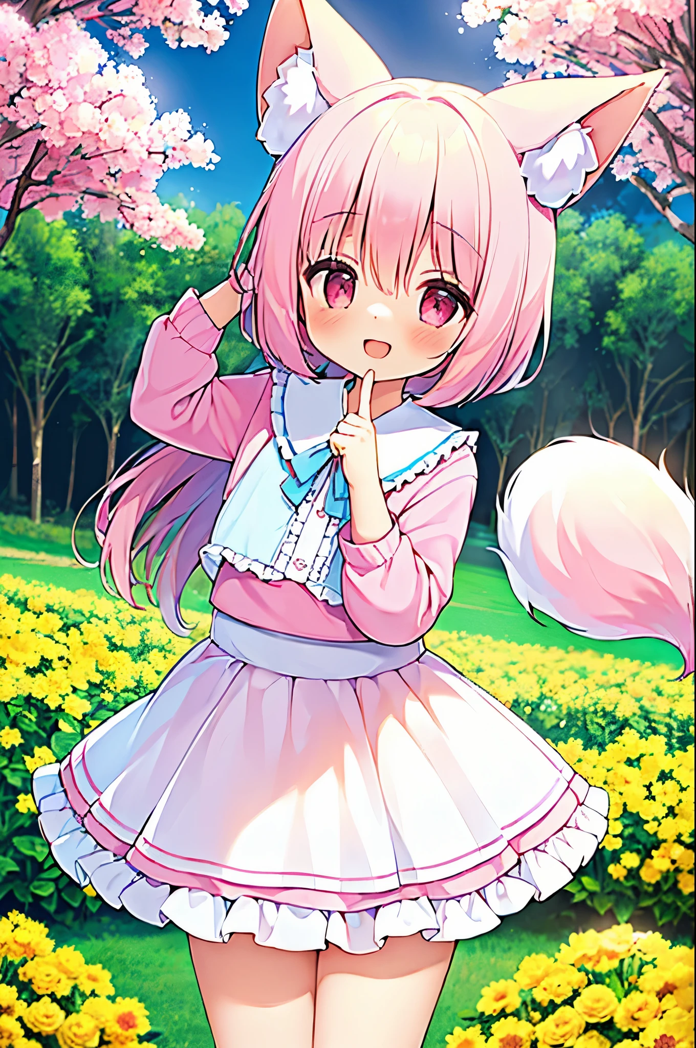 (((masterpiece))), (high quality:1.5))), (beautiful:1.5), (((8K))), (High resolution:1.5), (1 girl:1.5), (pink short hair:1.4), pink short hair:1.4), (Pink fox tail:1.5), (Pink fox tail:1.4), (pink fox ears and white tips), (pink eyes), (Super cute light blue ruffle pleated skirt:1.3), (A very cute light blue blouse with frills.:1.4), (long sleeve:1.1), (wood々:1.4), (in the flower field:1.4), (Laughing 1.4), (dynamic pose:1.4), (put your hands behind your head:1.4)