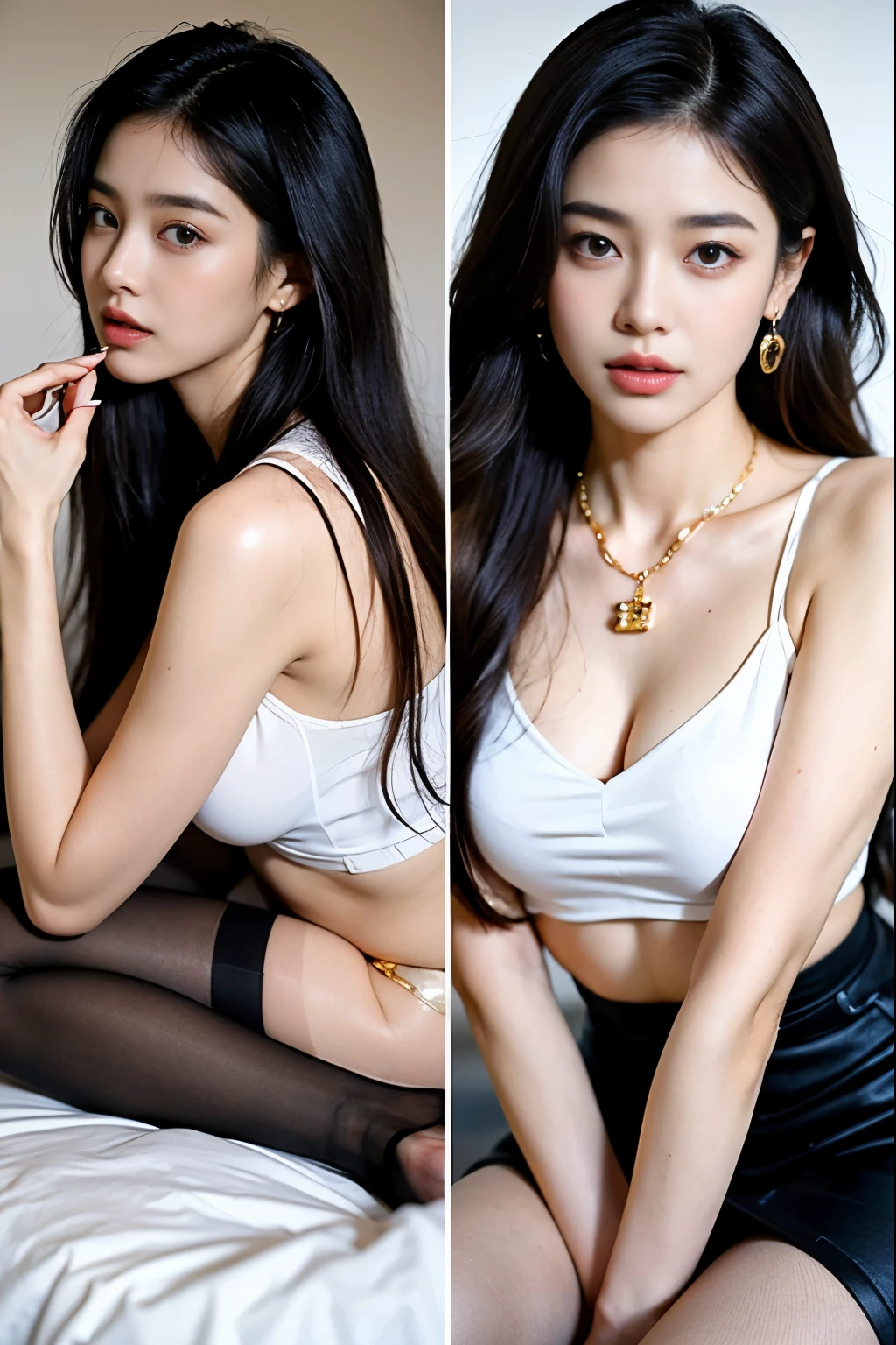Ultra HD, masterpiece, highest resolution, highest detail, chiaroscuro, a young and beautiful woman, black hair, beautiful eyes, long eyelashes, human eye perspective, wearing a white vest, red shorts, sitting on the sofa