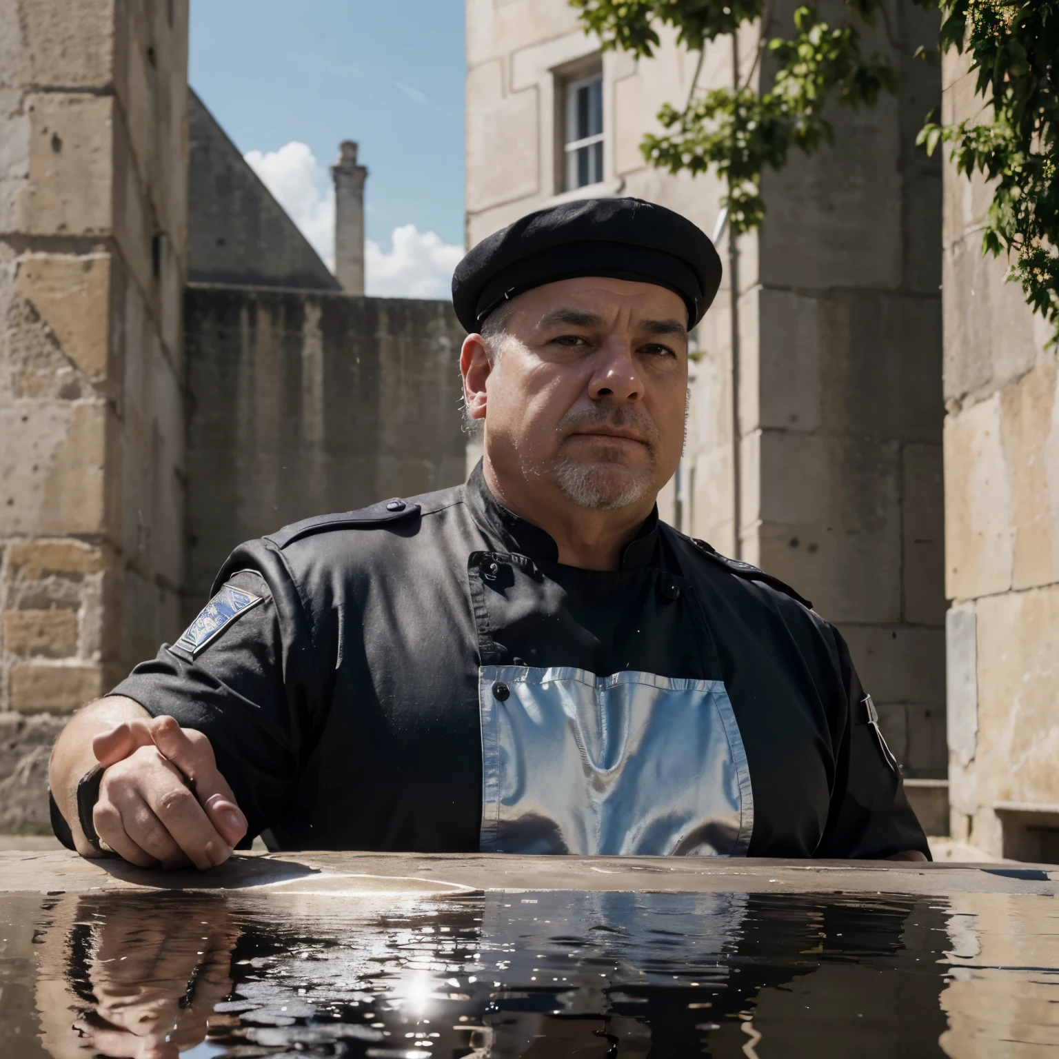 (chef-d'oeuvre), (extremely complex:1.3), (Realistic), portrait d'un vieux cochon, the most muscular in the world, (costume de police), metallic reflections, haut du corps, en plein air, soleil intense, commissariat lointain, photographie