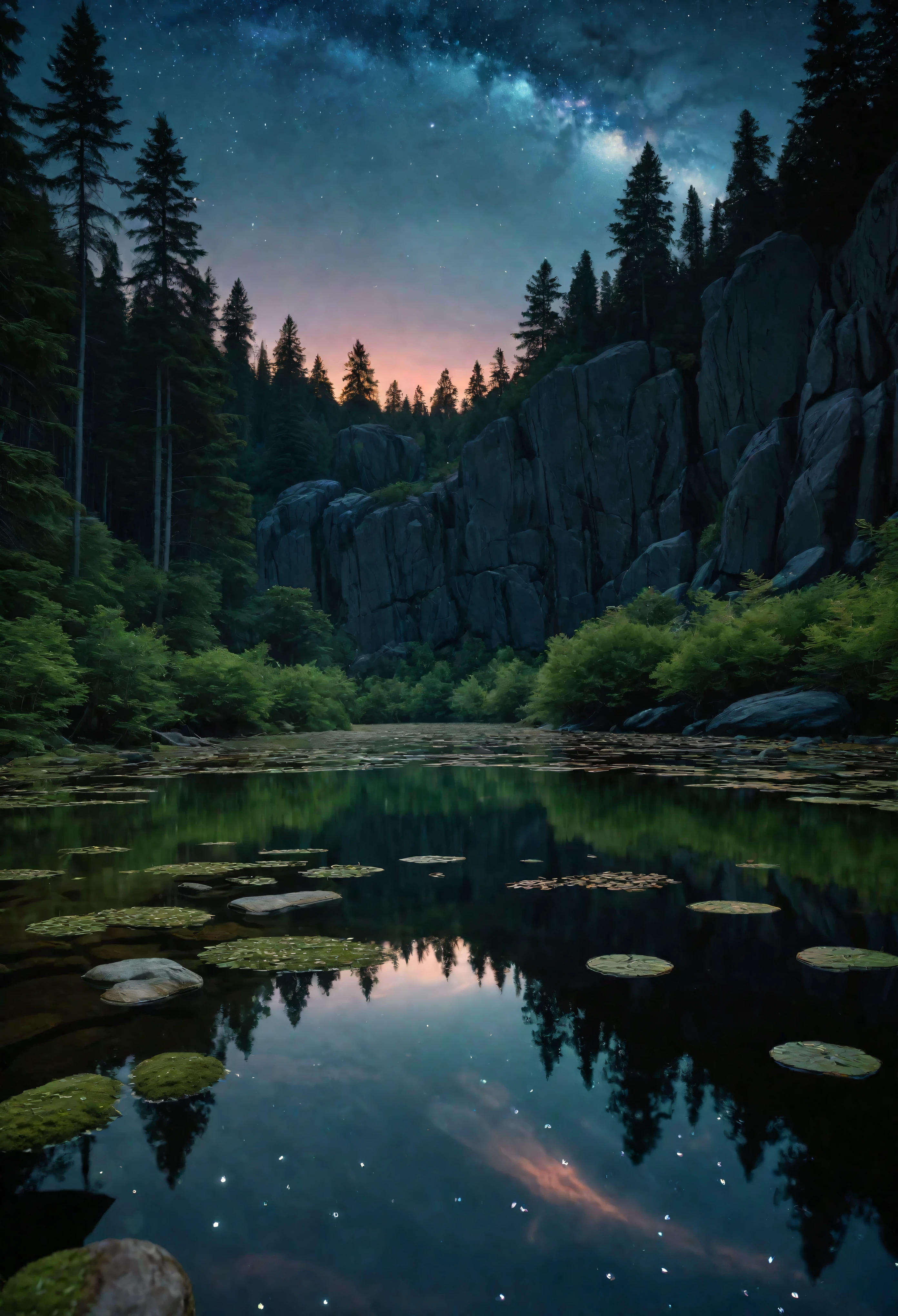 ((Masterpiece in maximum 16K resolution):1.6),((soft_color_photograpy:)1.5), ((Ultra-Detailed):1.4),((Movie-like still images and dynamic angles):1.3), ((motion blur):1.1),((Ultra wide angle):1.5),((fisheye lens photo):1.3). | (Cinematic shot of an Evening Pond at middle of a forest), award winning masterpiece with incredible details, epic stunning, ((glowing rocks at bottom of the pond):1.5), ((tyndall effect):1.1), ((serene night):1.2), ((evening sky):1.2), ((very dark evening sky):1.5), ((sense of serenity):1.1), (shimmer), (visual experience), (Realism), (Realistic), award-winning graphics, dark shot, film grain, extremely detailed, Digital Art, rtx, Unreal Engine, scene concept anti glare effect, All captured with sharp focus. Rendered in ultra-high definition with UHD and retina quality, this masterpiece ensures anatomical correctness and textured skin with super detail. With a focus on high quality and accuracy, this award-winning portrayal captures every nuance in stunning 16k resolution, immersing viewers in its lifelike depiction. Avoid extreme angles or exaggerated expressions to maintain realism. ((perfect_composition, perfect_design, perfect_layout, perfect_detail, ultra_detailed)), ((enhance_all, fix_everything)),