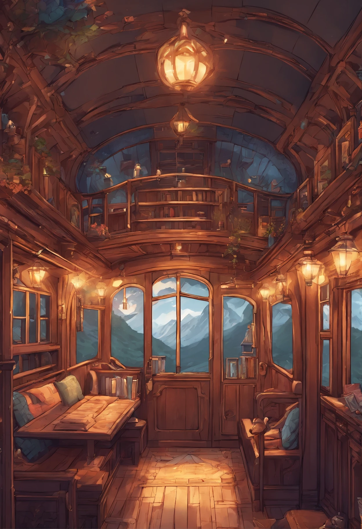 inside hogwarts train cart、Hogwarts students cabin,A little dark,Inside a magical train with magical objects, kitty,Low amount of light,((Pixal style))、Makoto (magical World of Harry Potter)