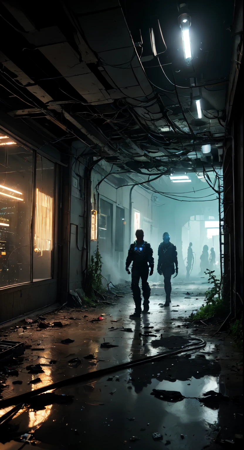 (best quality, 4k, highres, masterpiece:1.2), ultra-detailed, (realistic, photorealistic, photo-realistic:1.37), HDR, UHD, studio lighting, extreme detail description, professional, sci-fi, portrait, sharp focus, dystopian setting, creepy atmosphere, futuristic technology, muted colors, cyberpunk aesthetic, glowing LED lights, mechanical body parts, exquisite facial features, mixed race, contemplative expression, metallic armor, complex wiring and circuitry, tangled wires, smoke and dust particles, crumbling concrete walls, overgrown vines and moss, cracked floor, shattered glass, shadows and reflections, mysterious shadows in the background, repaired weaponry, holographic interface, advanced cyborg enhancements, electric sparks, flickering lights.