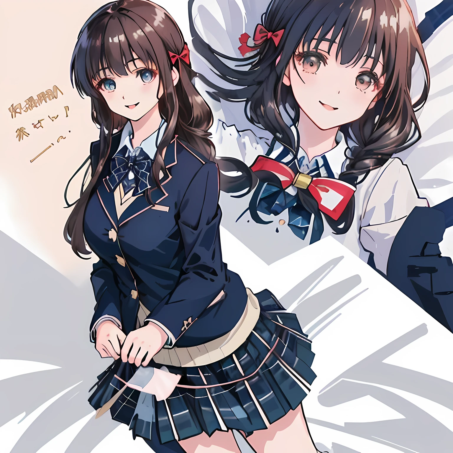 highest quality, (masterpiece:1.2), High resolution, perfect pixel, One so beautiful woman is lying on the bed, 16 years old, ((very detailed beautiful eyes)), ((girly large wine-red glossy polyester Japanese school ribbon bow tie)), (((long beautiful wavy hair))), ((((dark blue & deep navy colored tartan checkered long skirt)))), ((A formal dark blue blazer that is slightly larger and has a gold emblem on the left chest that feels like the texture of the cloth.)), Watching the viewer and laughing, Very fun, Very happy, mouth is open, the skirt is so cute, detailed fingers, modest chest, curled bangs, Lip balm, The background is a black bed in a night room, Beautiful down to the tips of her legs, I want to be intricately intertwined., so beautiful, checkered comforter, checkered bed sheet, cute long ribbons on the bed, long eyelashes, ((Skirt and bow tie is photo realistic)), (bed is photo realistic), windy
