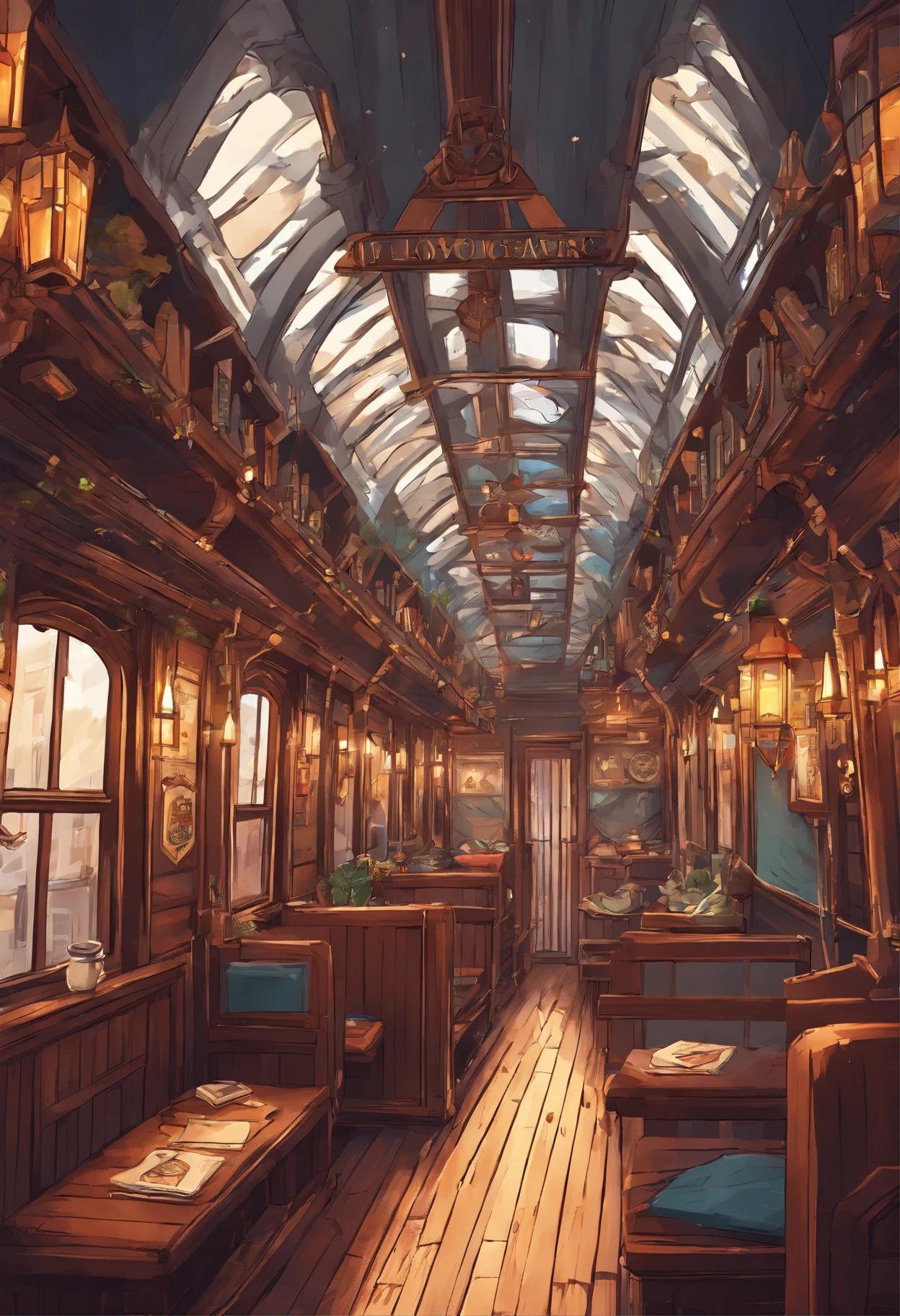 inside hogwarts train cart、Hogwarts students cabin，A little dark，Inside a magical train with magical objects，Low amount of light，((Pixal style))、Makoto (magical World of Harry Potter)