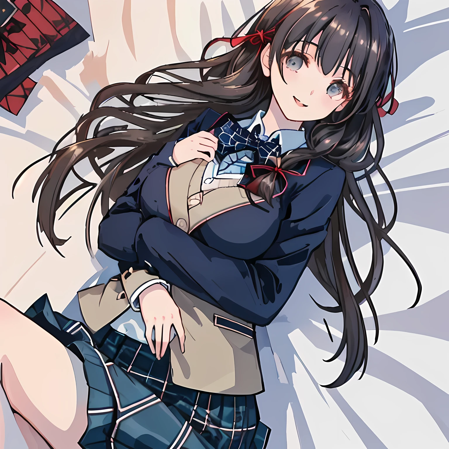 highest quality, (masterpiece:1.2), High resolution, perfect pixel, One so beautiful woman is lying on the bed, ************, ((very detailed beautiful eyes)), ((girly large wine-red glossy polyester Japanese school ribbon bow tie)), (((long beautiful wavy hair))), ((((dark blue & deep navy colored tartan checkered long skirt)))), ((A formal dark blue blazer that is slightly larger and has a gold emblem on the left chest that feels like the texture of the cloth.)), Watching the viewer and laughing, Very fun, Very happy, mouth is open, the skirt is so cute, detailed fingers, modest chest, curled bangs, Lip balm, The background is a black bed in a night room, Beautiful down to the tips of her legs, I want to be intricately intertwined., so beautiful, checkered comforter, checkered bed sheet, cute long ribbons on the bed, long eyelashes, ((Skirt and bow tie is photo realistic)), (bed is photo realistic), windy