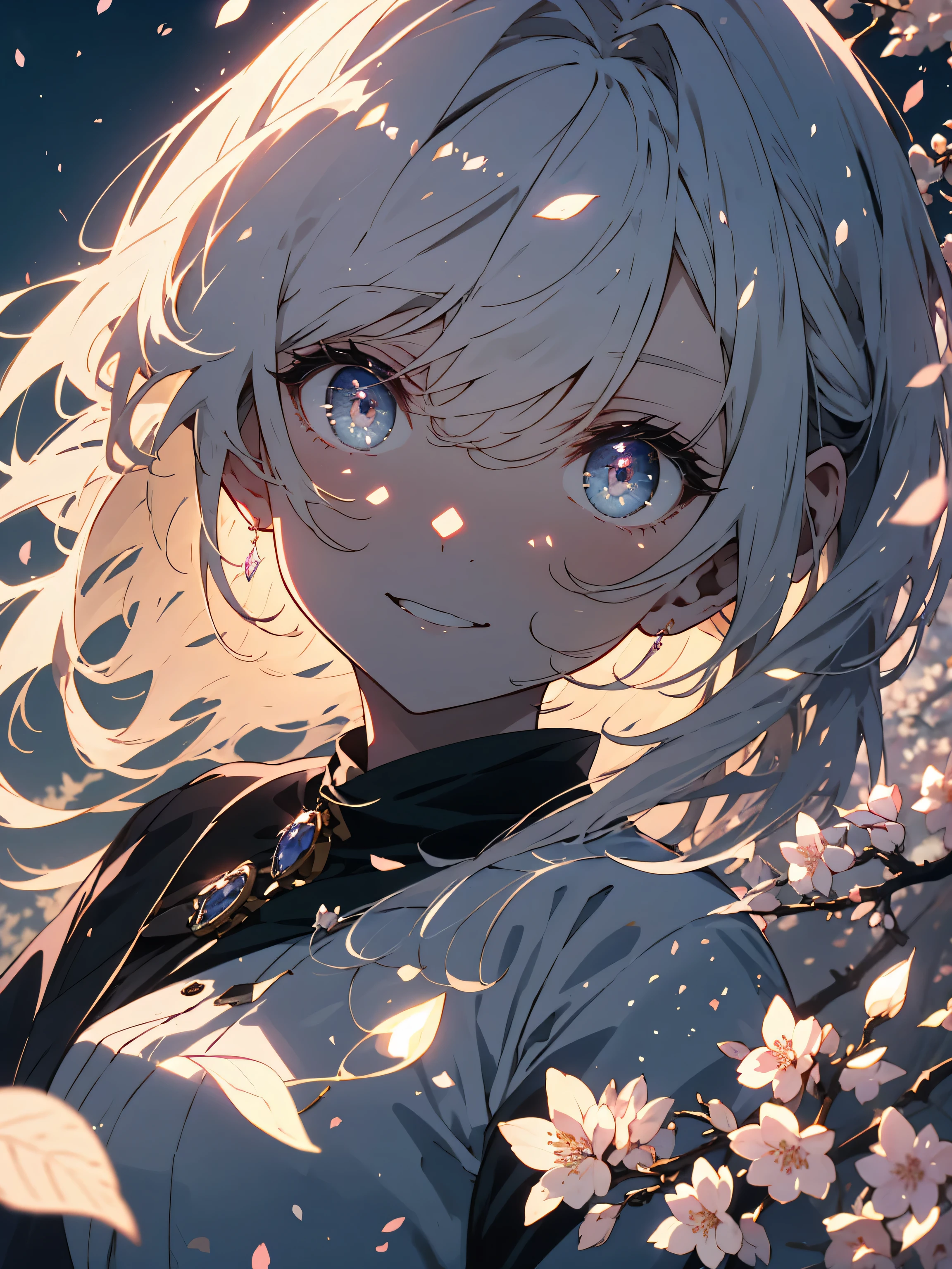 (highest quality、masterpiece、High resolution、be familiar with)、(shining eyes、be familiar with美しい顔)、night background:1.4、8K、(1 girl)、(smile)、((looking at the cherry tree above my head))、Cityscape lined with cherry blossom trees:1.2、light up、bright theme、Beautifully falling cherry blossom petals、(beautiful anime)、(Shining eyes、detailed beautiful face)、Cherry blossoms at night、starry sky、(whole body)、dynamic angle