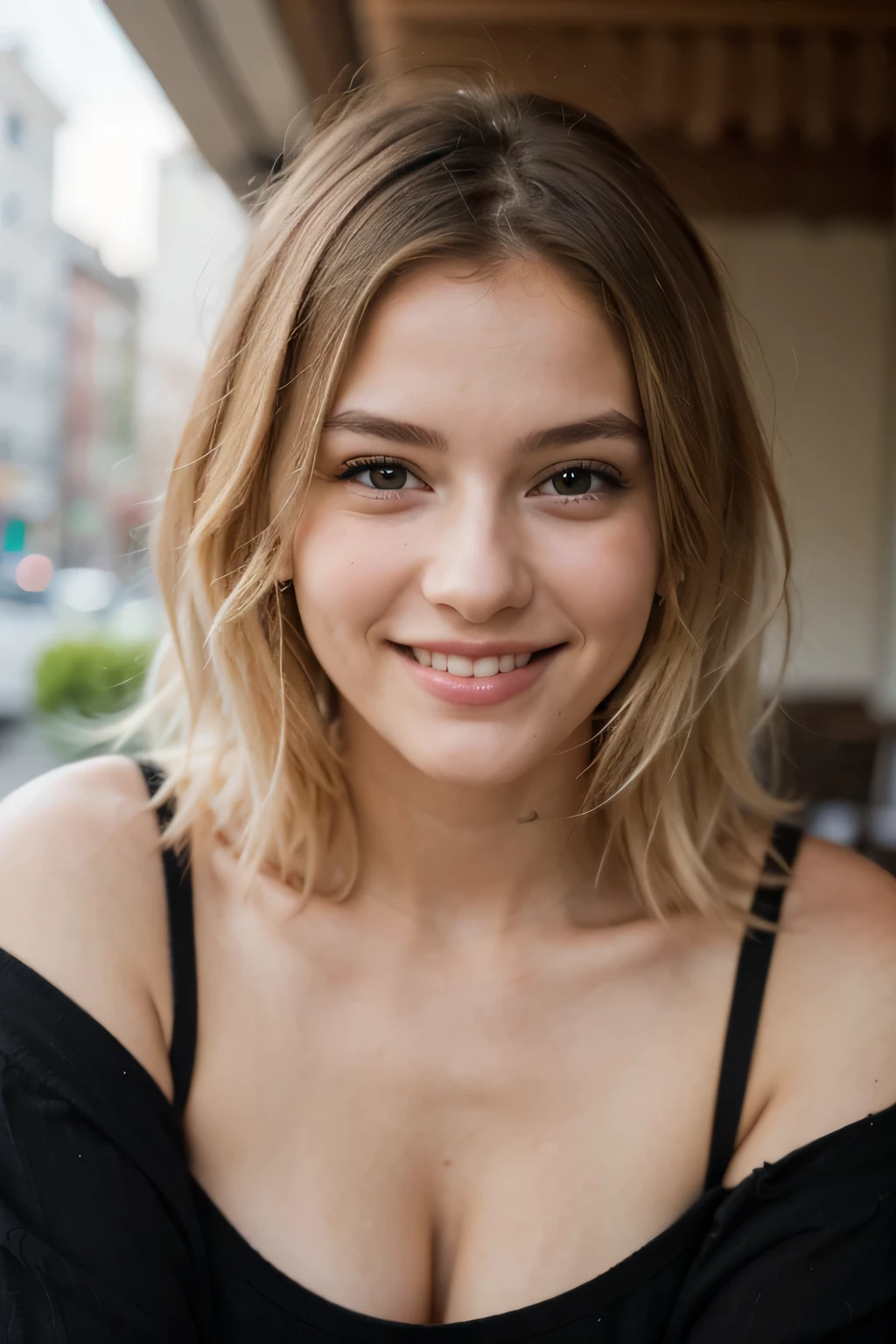 ((best quality)), ((masterpiece)), (detailed), 1girl, 19 years, blonde hair, natural body, eye makeup, photo, black tank top, high heels, ripped short jeans, smiling, (Low angle photo:1.2), standing, full body, front,