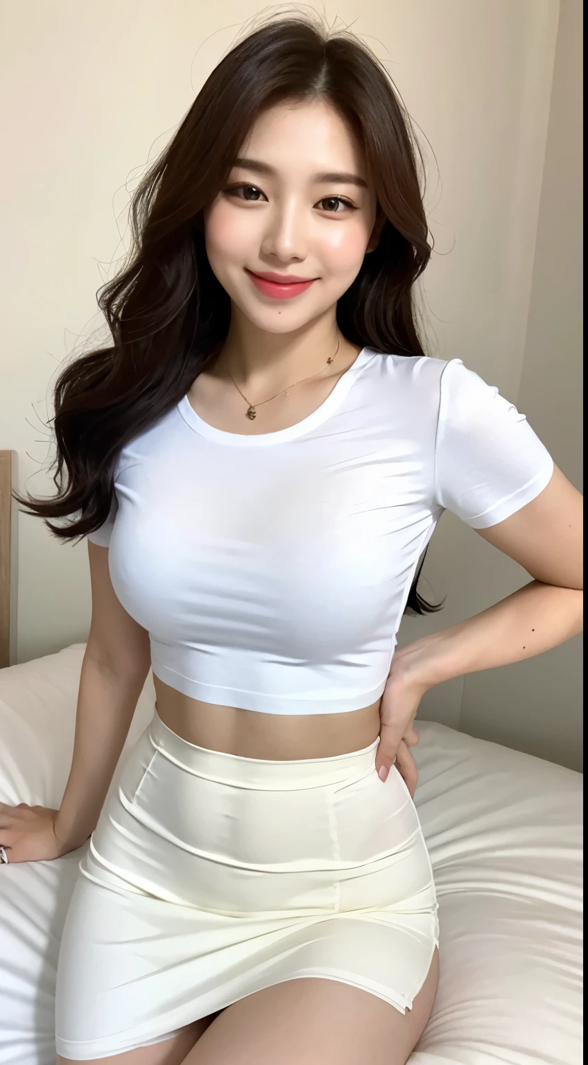 white tight shirt、white tight mini skirt、bed、smile、short sleeve、high resolution、Korean idol face