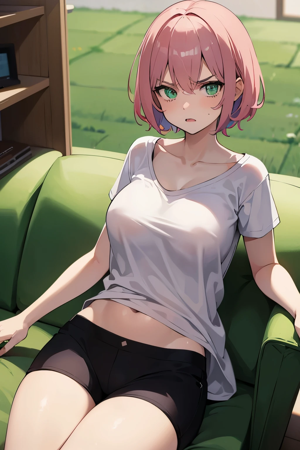 A young girl, short pink hair, green eyes, big tits, wears a loose t-shirt, is lying on a sofa, she is angry