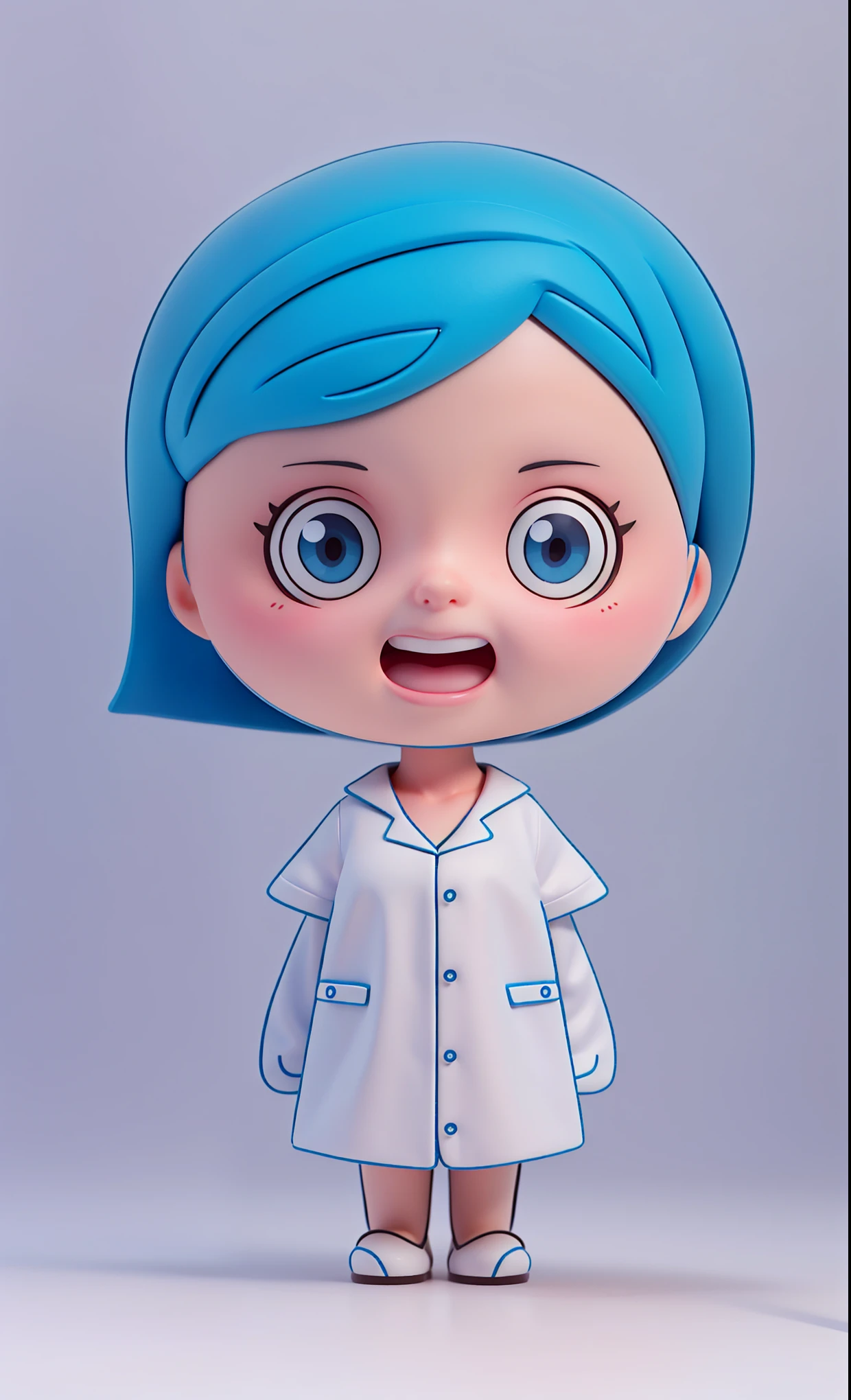Cartoon character of a woman with blue hair and white shirt, animated characters, role conception for animation, Cartoon style illustration, character turnaround, role conception, The character is standing, simple cartoon style, woman with blue short hair, full body role conception, model table, nurse girl, high quality role conception, character model table, Wearing a lab coat and shirt, 4K resolution,C4D,OC renderer,Ultra-detailed,high quality,white background