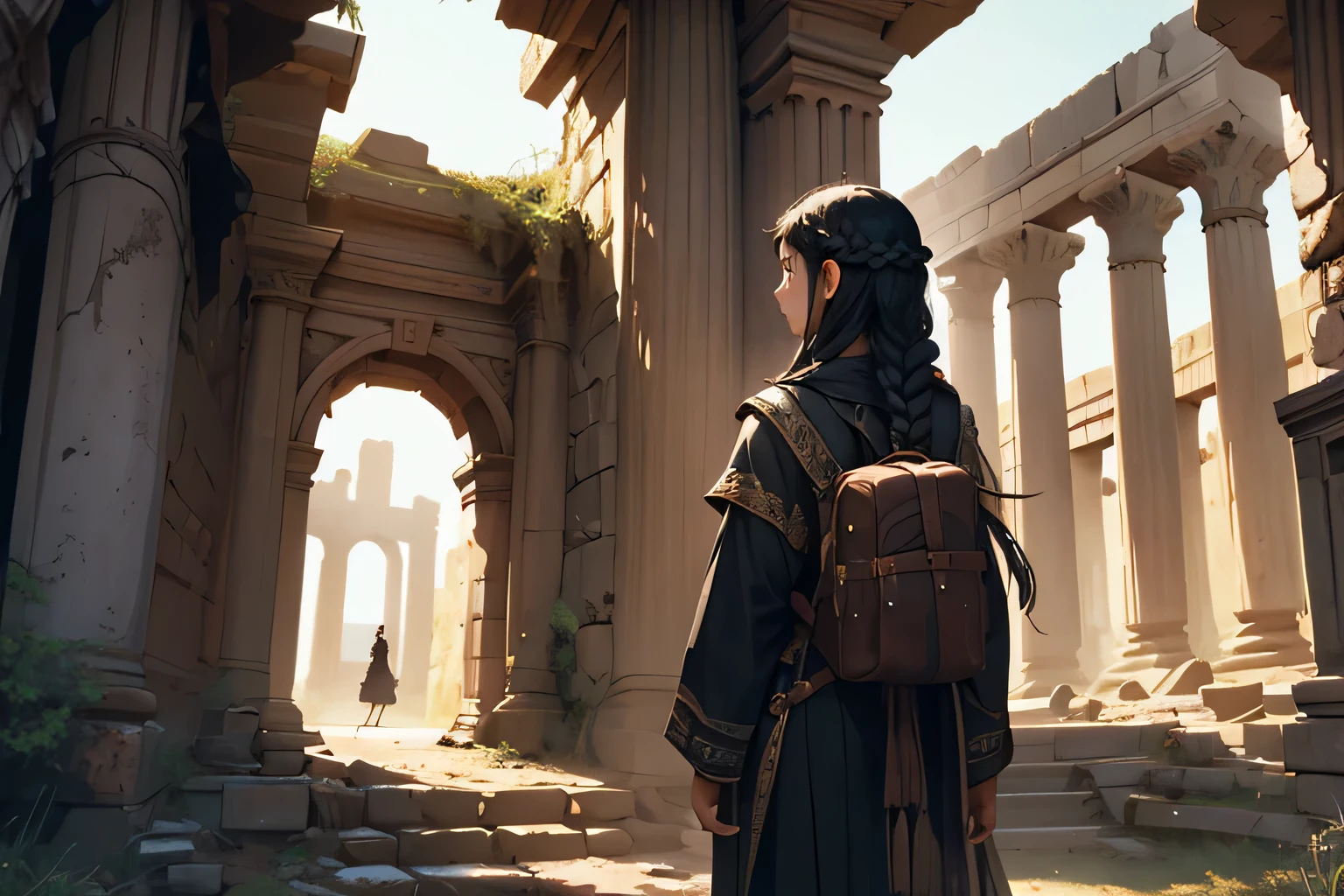A young girl with long black braided hair, dressed in traveler's attire, stands in front of the entrance to an ancient ruin, viewed from behind. A majestic black horse stands beside the ruins. The setting is mysterious and ancient, with a sense of adventure.