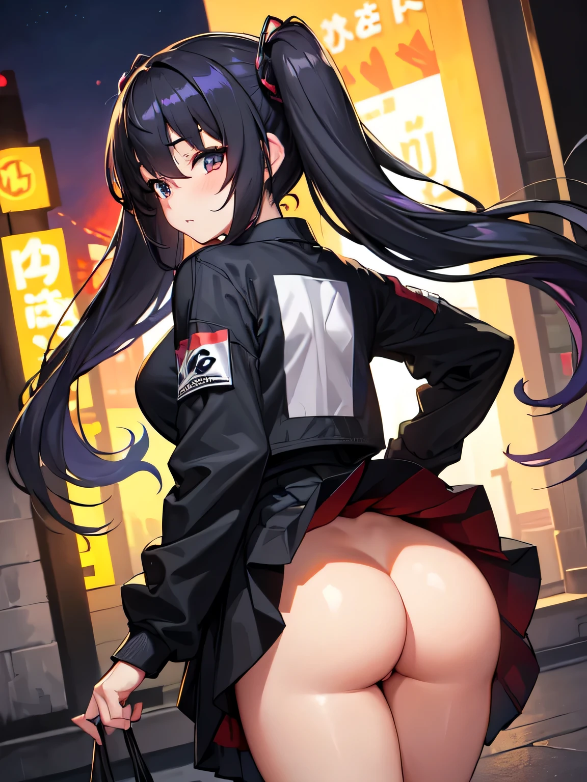 All intricate details: "(masterpiece, best quality, HuTaoV4, 1girl, solo, blush, twintails, long hair, hair between eyes, ((streetwear clothes)), city, outdoors, night, movie poster, extremely detailed 8K, smooth, high resolution, ultra quality, cinematic lighting, ambient occlusion, hd, 2k, 4k, 8k, 16k, extremely detailed anime, detailed faces, perfect composition, wide shot, atmospheric lighting, very sexy, lift skirt, random low back angle, uncensored, nsfw)"