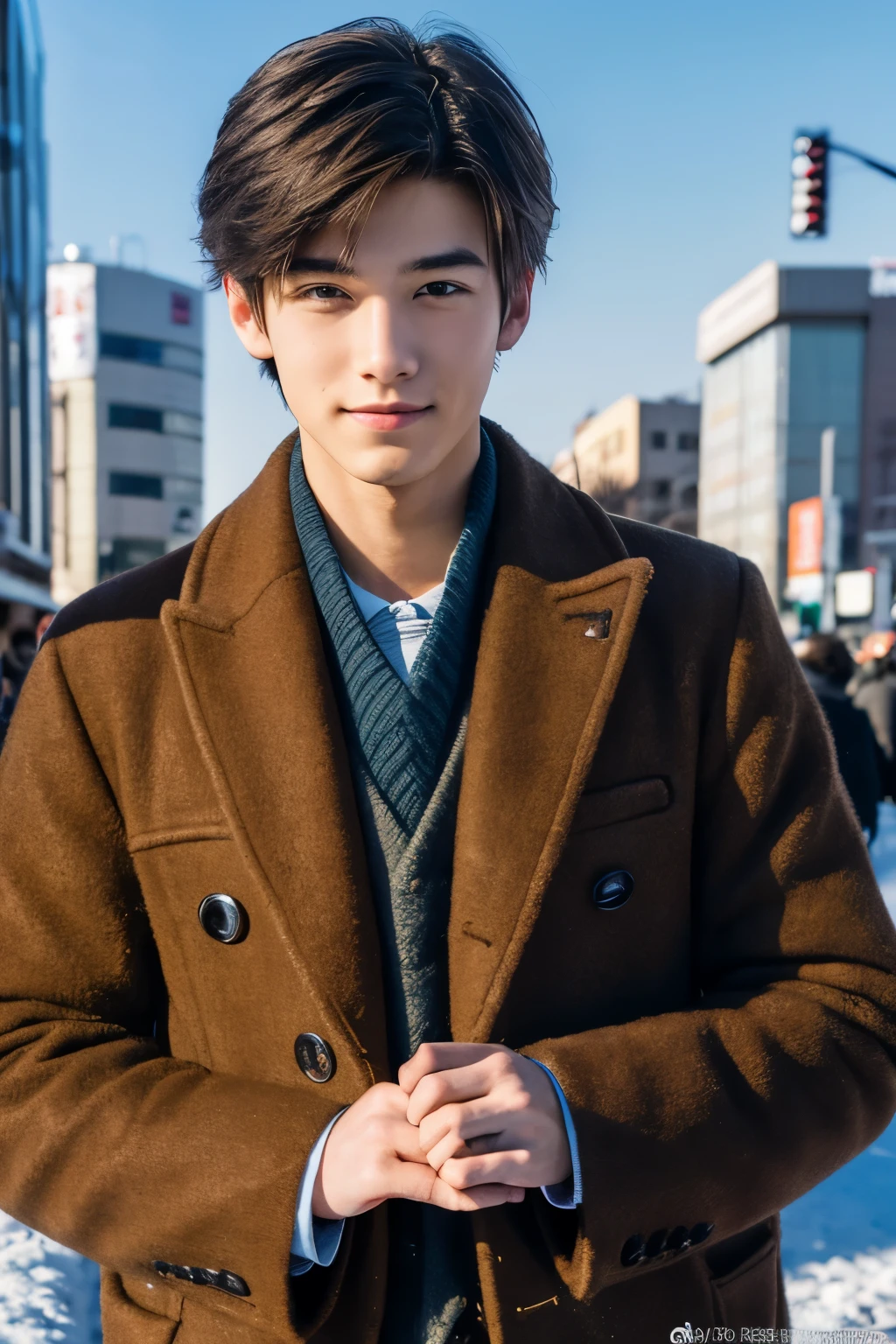 Photorealsitic, 8K full body poster, Beautiful Boys, japanes, An 18-year-old man, A charming expression, detailed face details, TOKYOcty, Winters, Shibuya in the background