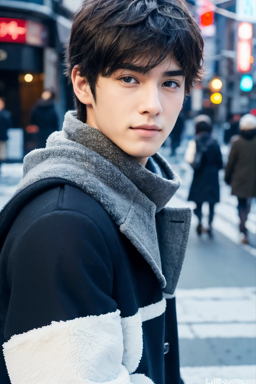 Photorealsitic, 8K full body poster, Beautiful Boys, japanes, An 18-year-old man, A charming expression, detailed face details, TOKYOcty, Winters, Shibuya in the background