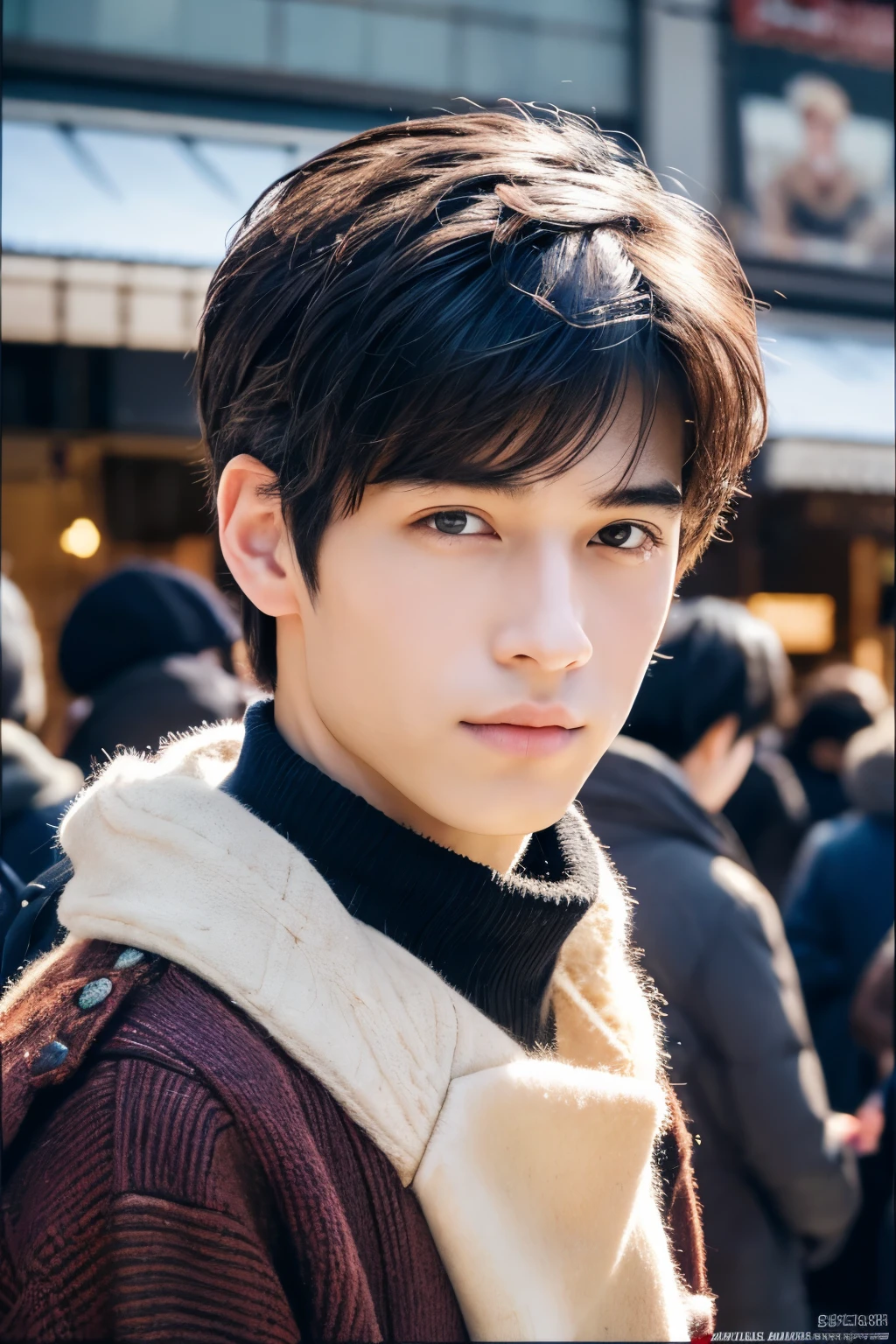 Photorealsitic, 8K full body poster, Beautiful Boys, japanes, An 18-year-old man, A charming expression, detailed face details, TOKYOcty, Winters, Shibuya in the background