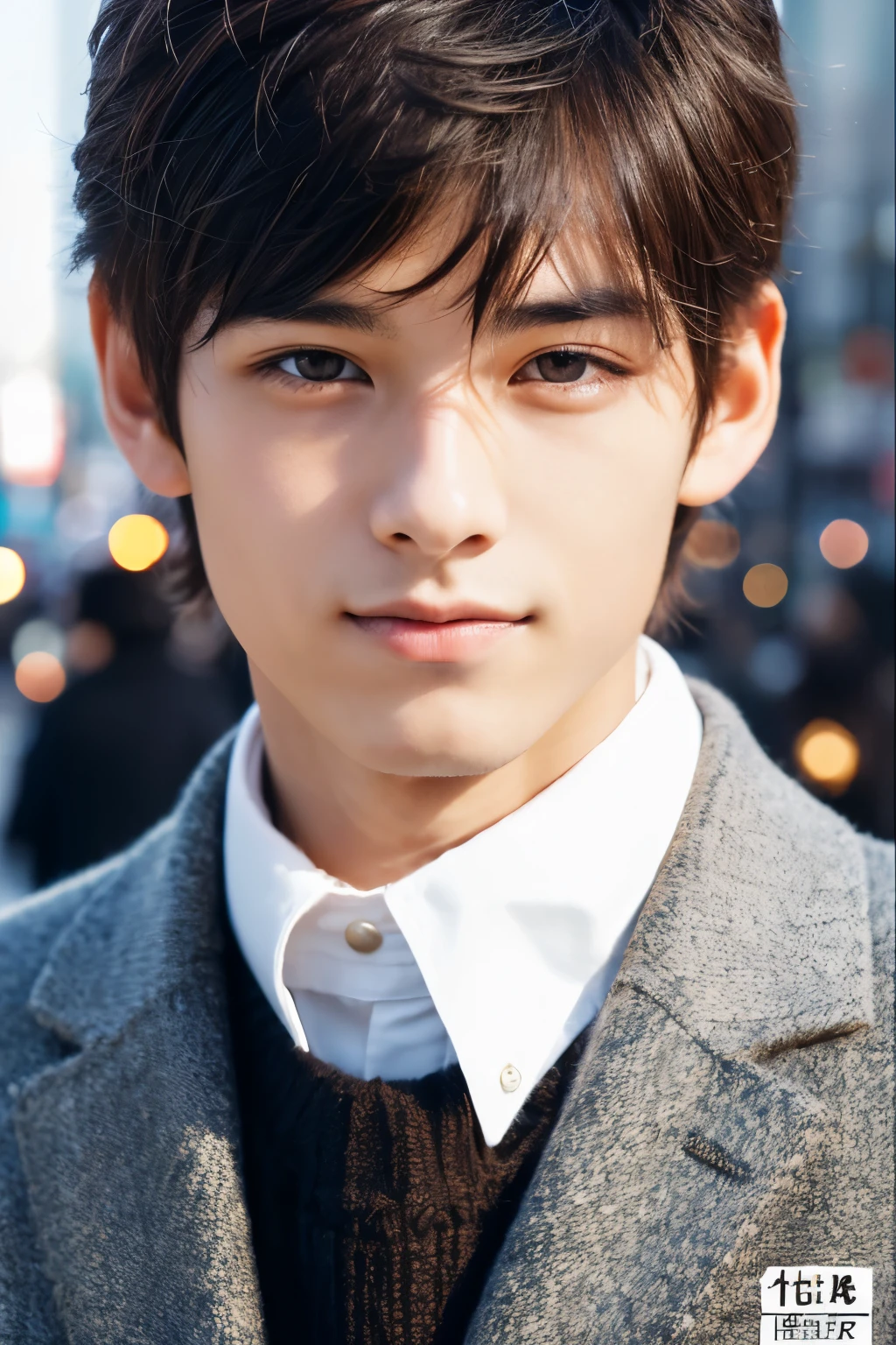 Photorealsitic, 8K full body poster, Beautiful Boys, japanes, An 18-year-old man, A charming expression, detailed face details, TOKYOcty, Winters, Shibuya in the background