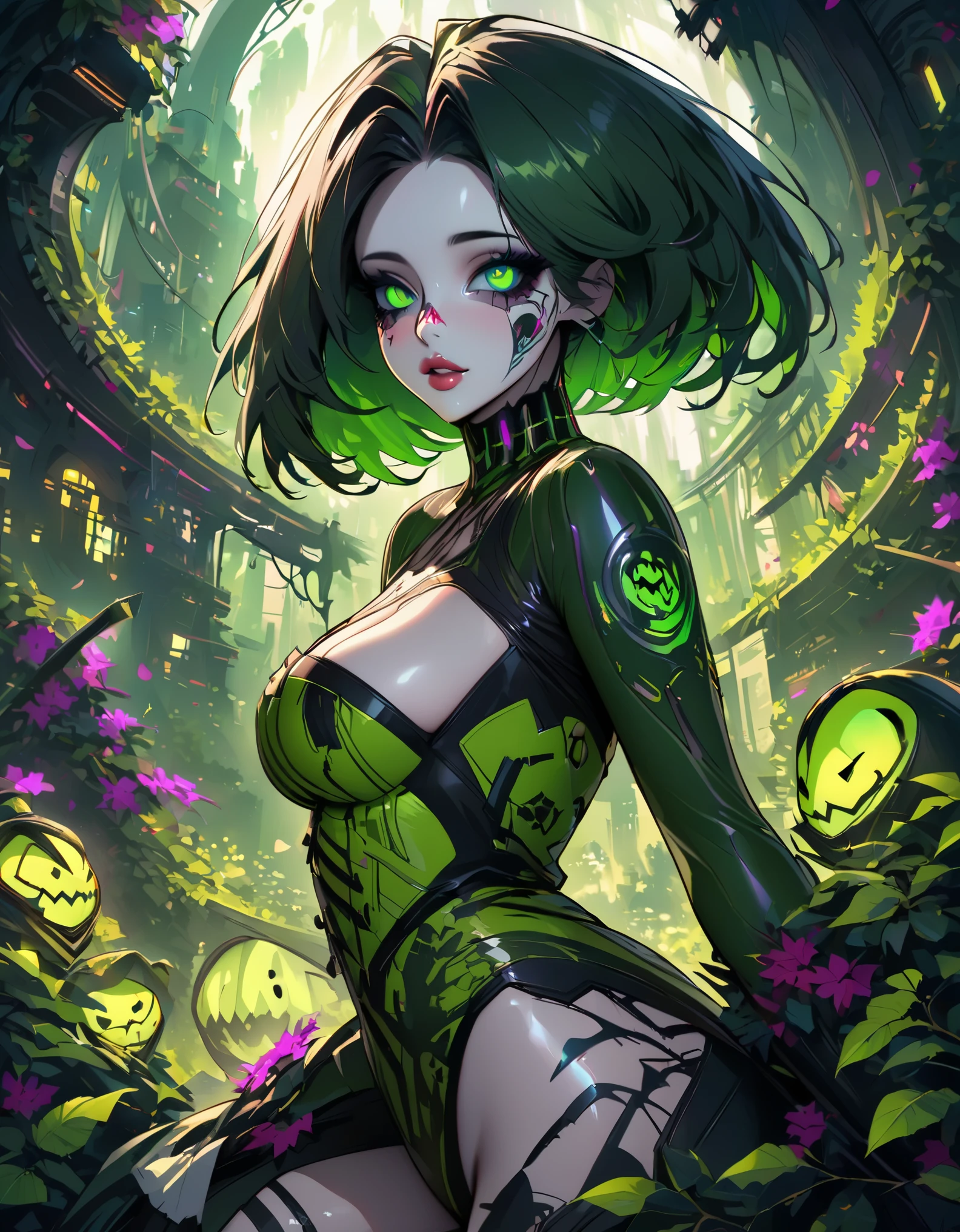 creepy Cyberpunk artwork inspired by Jack Skellington from The Nightmare Before Christmas, set in a futuristic fashion cyberpunk universe. Sexy, Emphasize her seductive allure, beautiful face, perfect eyes, perfect nose shape, perfect lips, perfect hands, vibrant green foliage