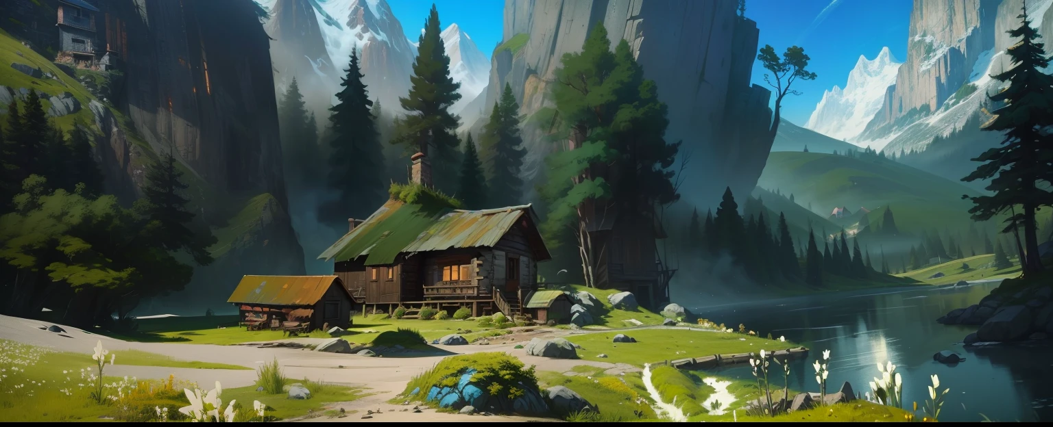 there is a painting of a cabin in the middle of a mountain, painted as a game concept art, painterly concept art, digital painting concept art, environment painting, stylized concept art, 2 d game environment design, matte painting arcane dota pixar, scenery game concept art, video game environment design, game environment design, beautiful screenshot